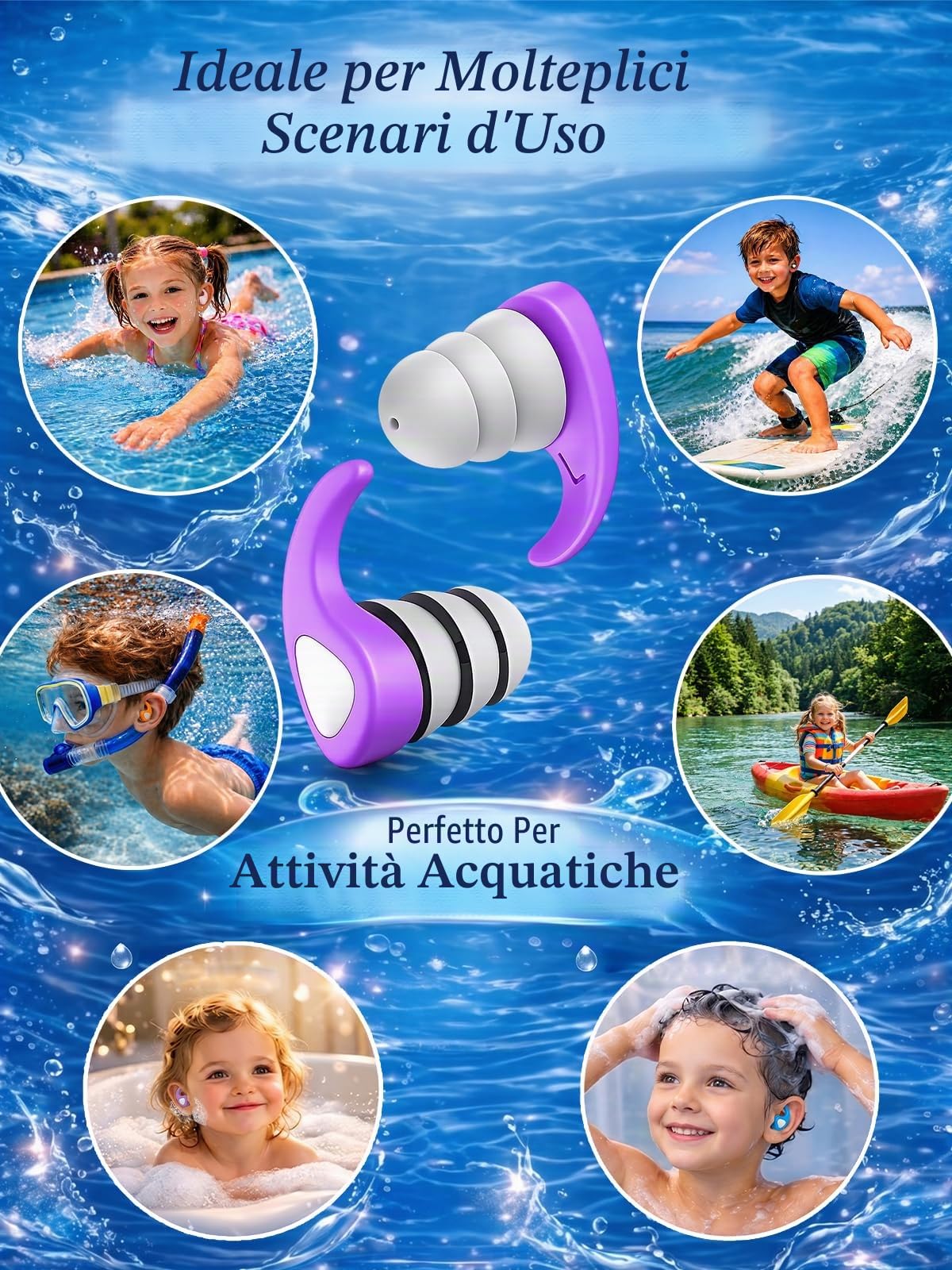 Tappi per Le Orecchie da Nuoto per Bambini, 3 Paia Tappi Orecchie Piscina Riutilizzabili Impermeabili, Protezione dell'orecchio per Doccia Nuoto Bagno per Bambini 3-10 Anni