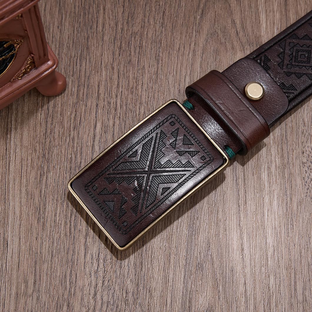 Cintura in Rilievo Fiore Western Fibbia a Scatto con Rettangolo Inciso Ottone Massiccio Retro Fatto a Mano Cinturino in Pelle Stile Country(120cm/47, Coffee)