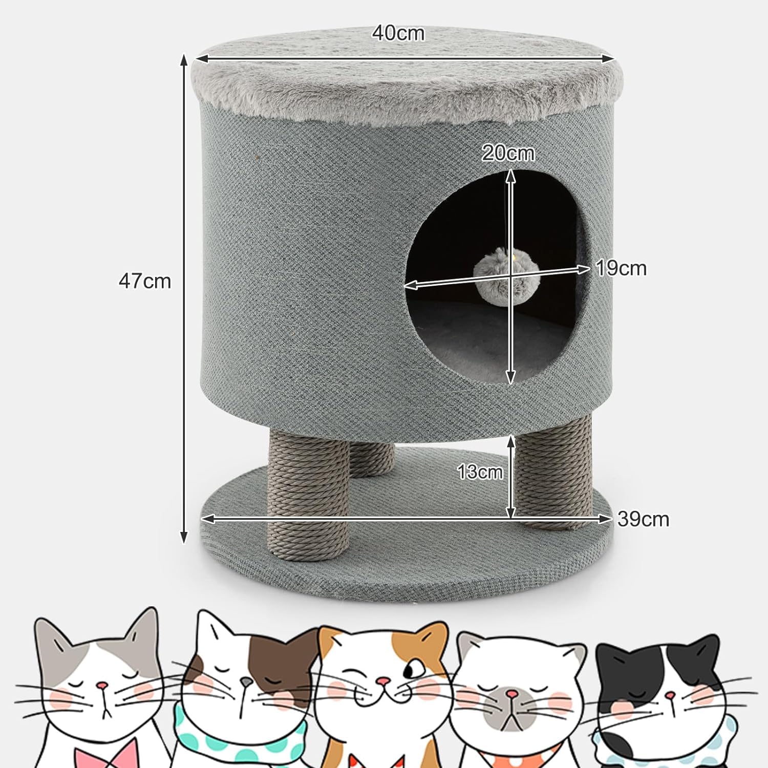 GYMAX Cueva para Gatos, Casa para Gatos con Funda Suave, Bola Colgante y Entrada Redonda, Árbol Rascador Acolchado con 3 Columnas para Rascar, Taburete Soporta hasta 60 kg (Gris)