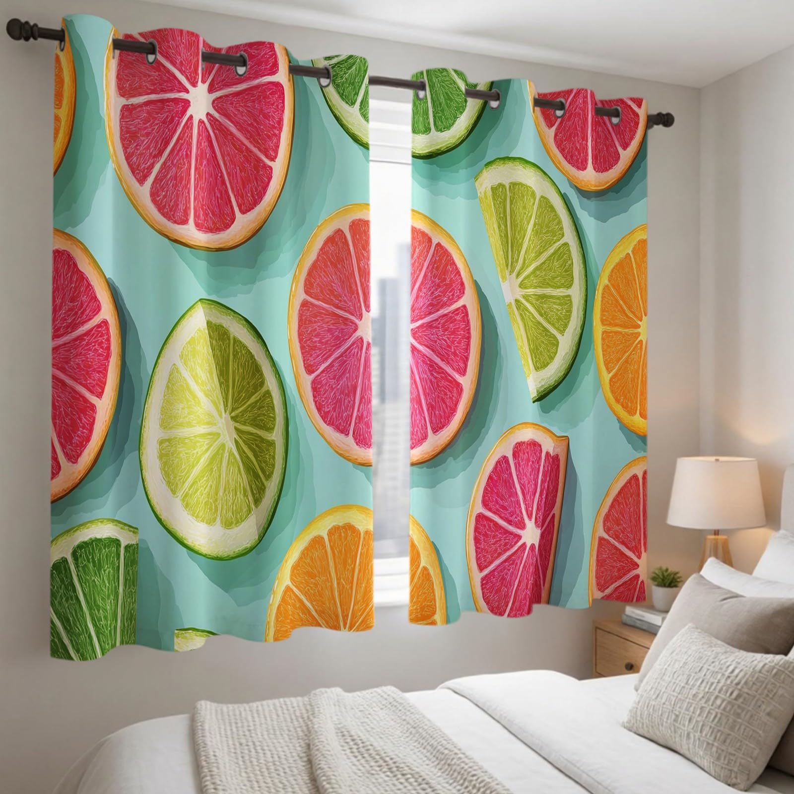 Rideaux Occultants Opaques Thermiques à Œillets Lot de 2, Citron tranché pour Fenêtre et Porte, 132L X 210H cm