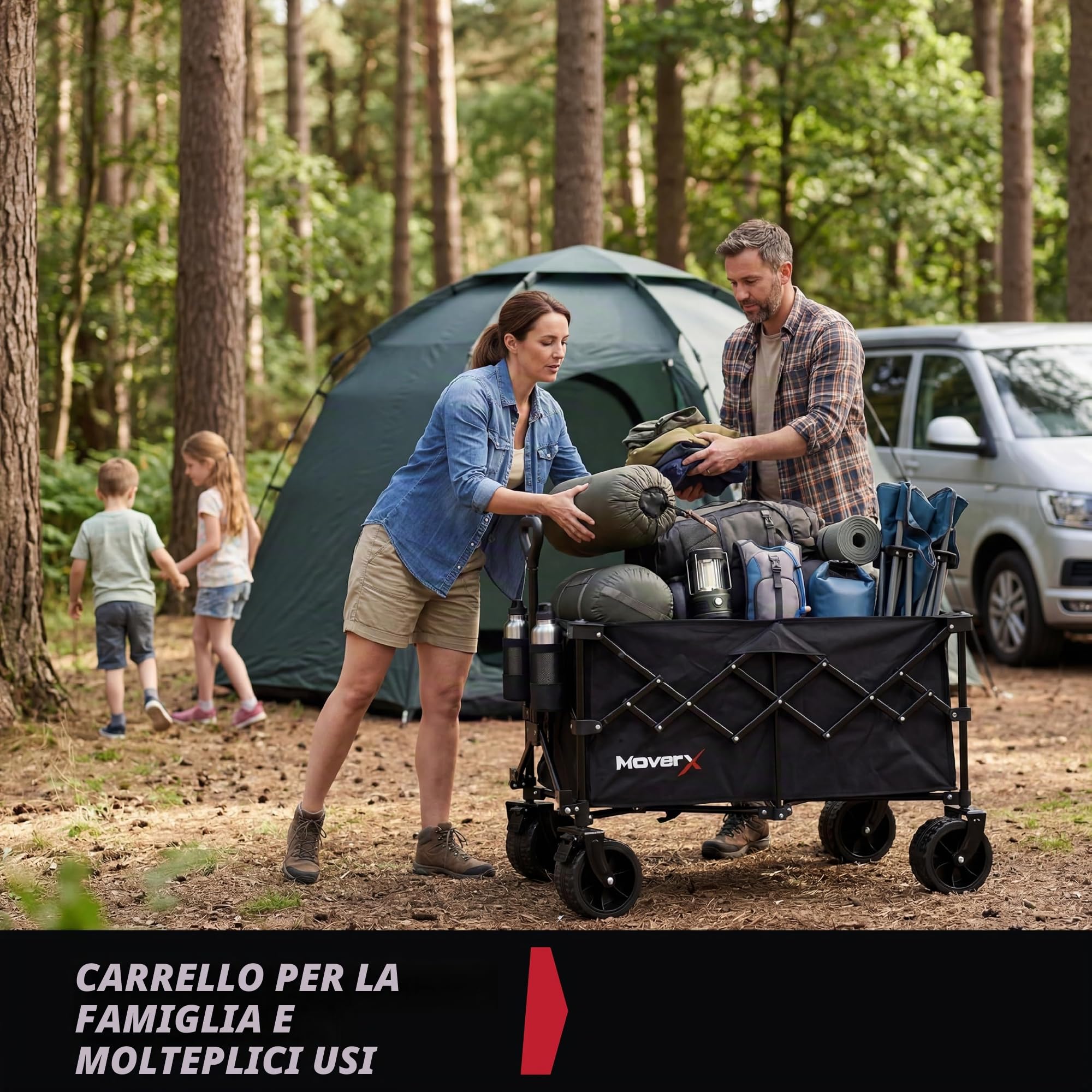 MoverX Carrello da 200 litri, pieghevole, portatile, per campeggio, spiaggia, giardino, picnic, shopping, pesca, ruote larghe, manico regolabile, nero