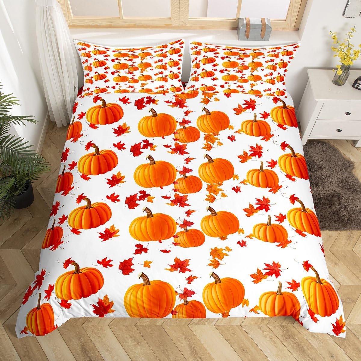 Feelyou Fall Pumpkin Bedding Duvet Cover Set Maple Leaves Bedding Set Boys Girls Farmhouse Decor Comforter Cover Set Microfiber Pumpkin Festival
