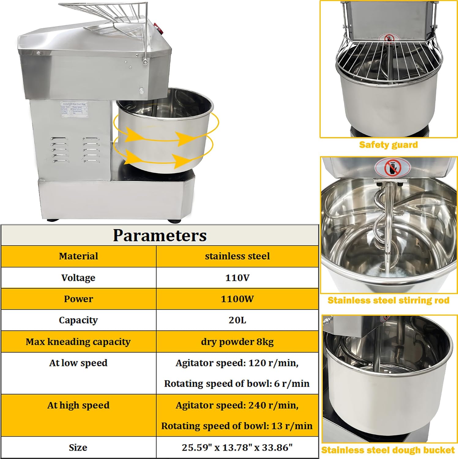 Dough Mixer Electric Food Mixer Dough Maker Machine Dough Blender Machine Stainless Steel Dough Mixing Machine with Pure Copper Motor Double Action Double Speed Flour Mixing Machine 110V 20L