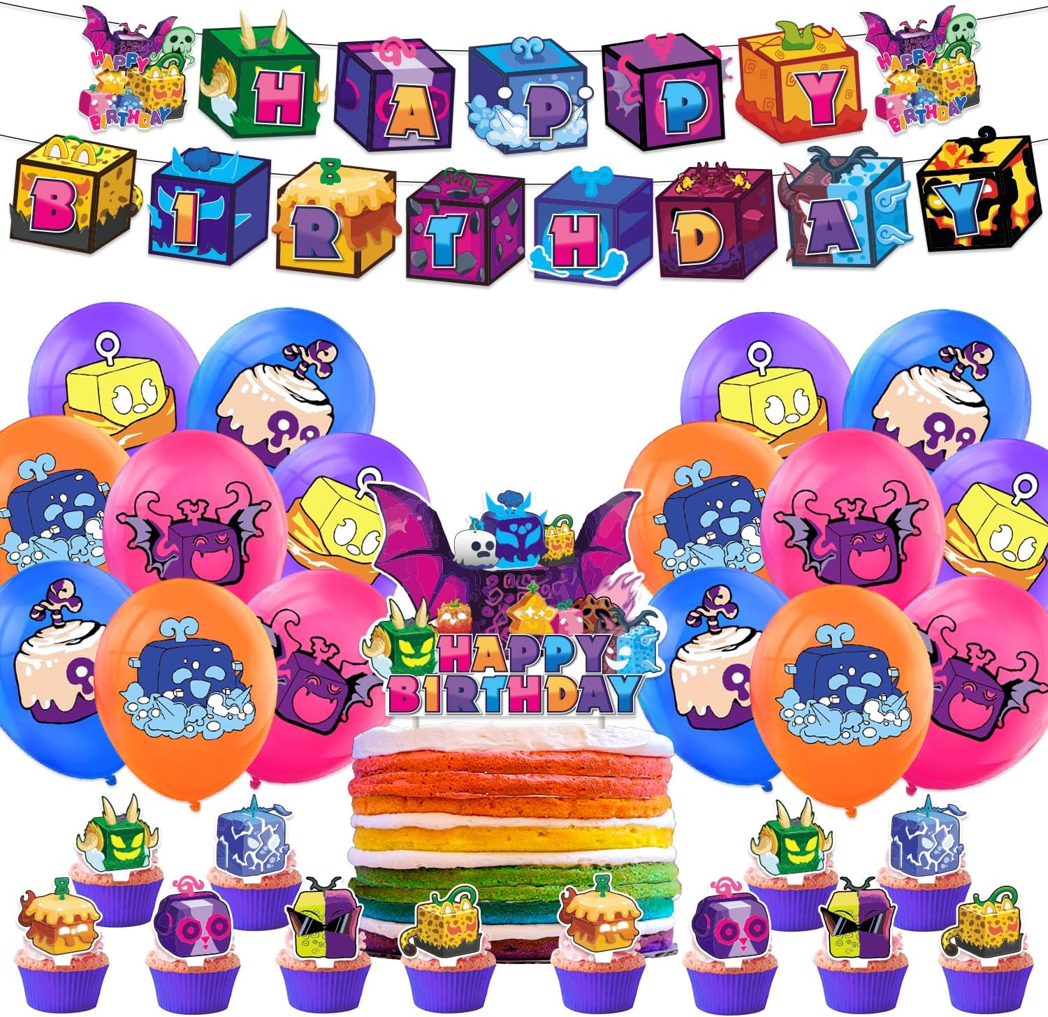 Blox Fruits birthday party supplies,Blox Fruits party including cake