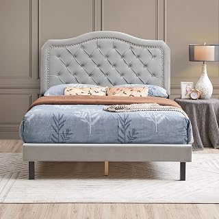 Queen Platform Bed Frame with Tufted Headboard, Gray Velvet Upholstered, Button Diamond Pattern, Wood Slat Support, No Box Spring Required, 600 lbs Capacity
