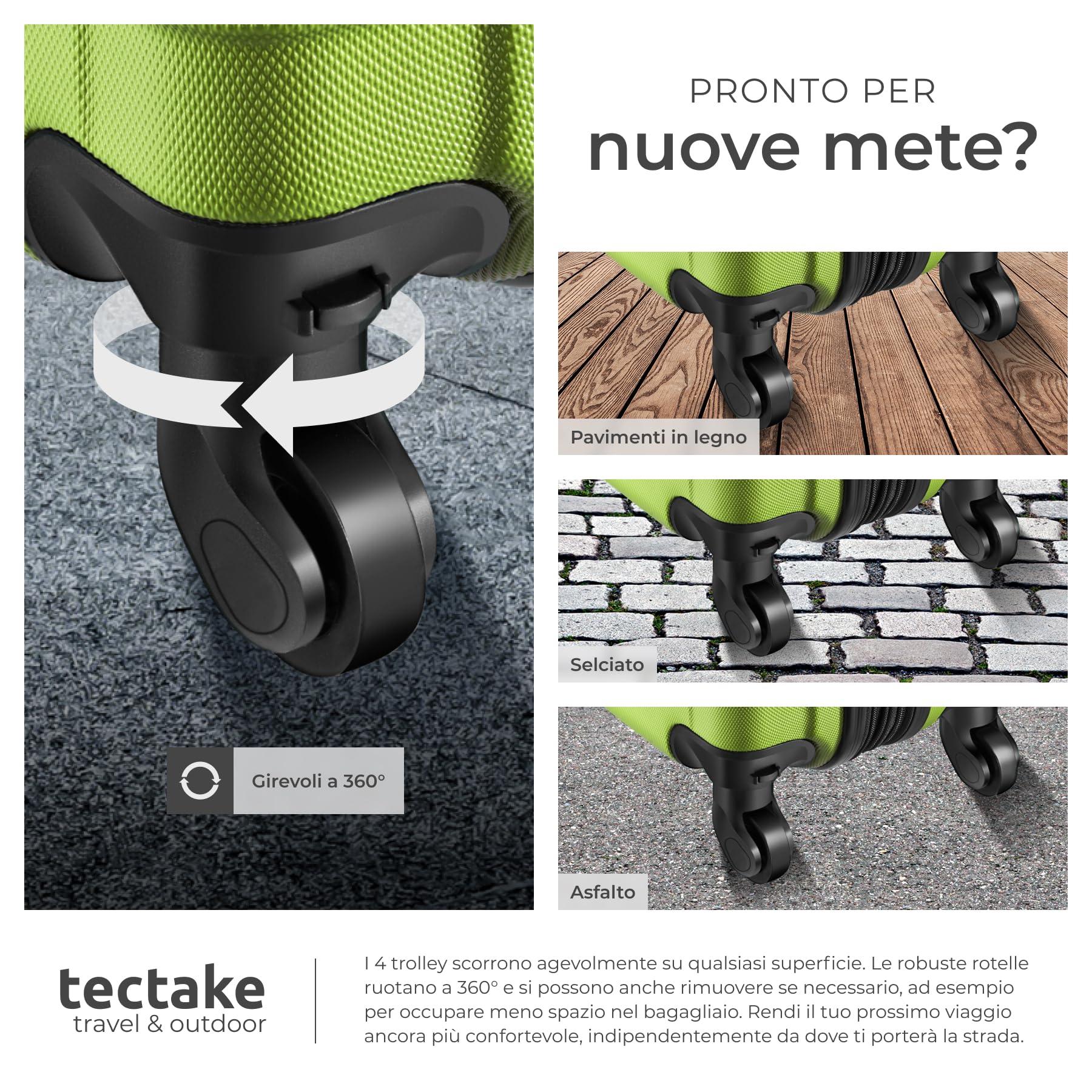 tectake® Set Valigie Trolley Rigide, 4 Valigie con Scocca in Plastica ABS, Rotelle Girevoli a 360°, Maniglia Telescopica in Alluminio, Serratura di Sicurezza a Combinazione - Verde