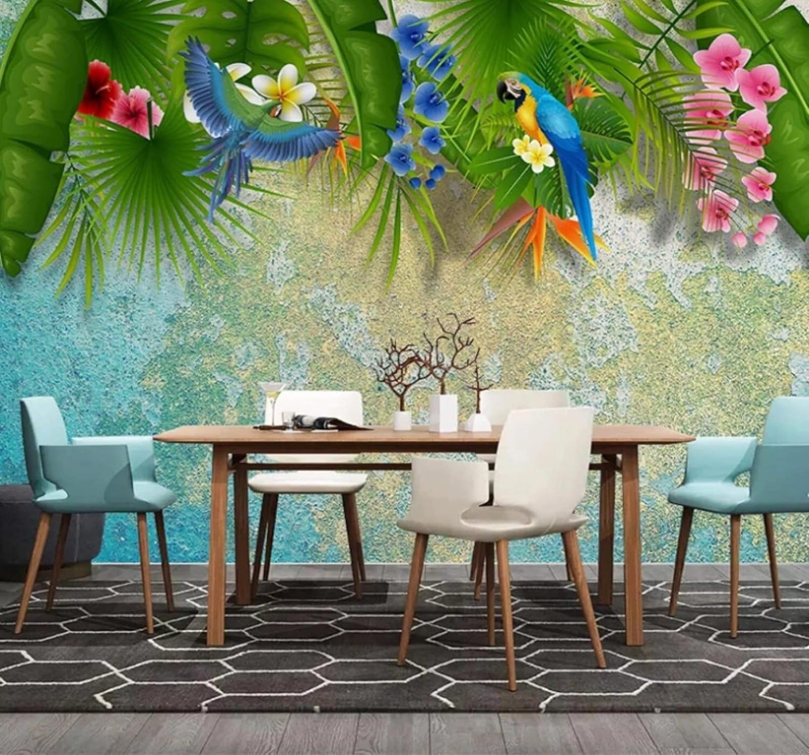 Papier peint 3D oiseaux et perroquets en soie intissée verte 300x210 cm