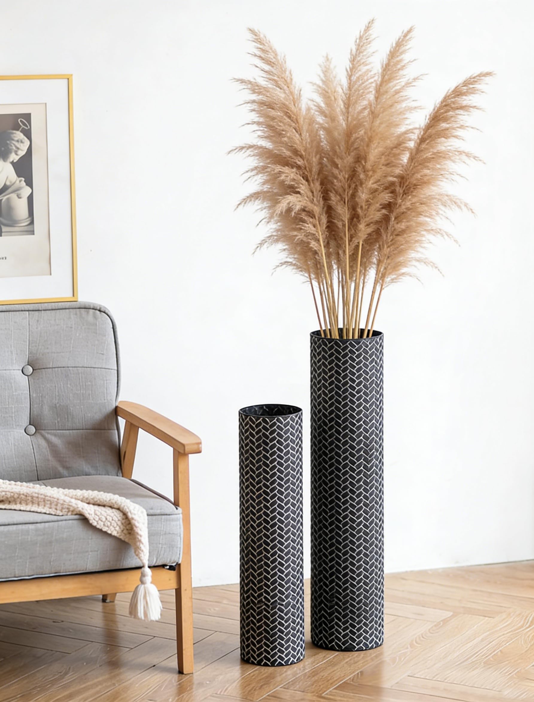 Sziqiqi Black Large Floor Vases: 70/55 cm Metal Tall Floor Vase for Living Room - Oversized Standing Vase Set of 2 - Giant Tall Home Decor for Bedroom Kitchen Fireplace Corner