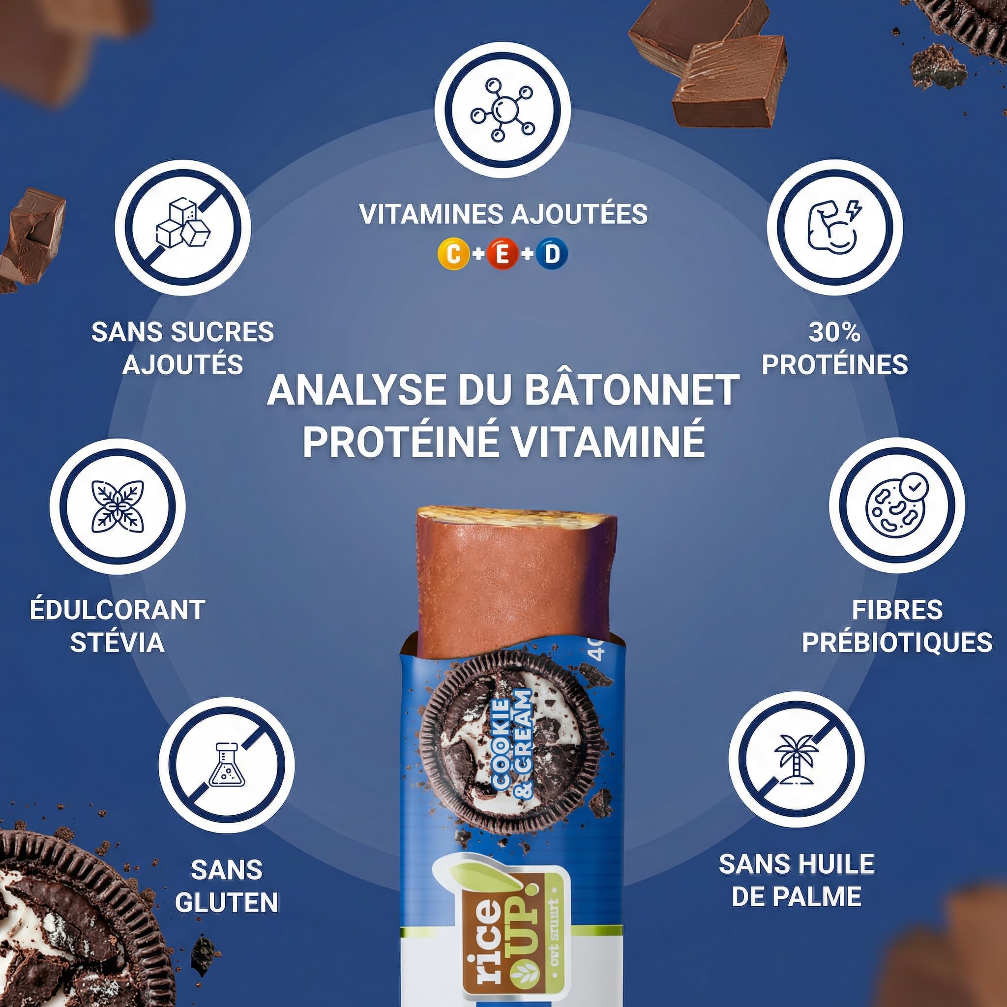 RiceUP! Barre Protéinée Cookie & Cream 30% – Barre Protéine Sans Sucre Ajouté, Sans Gluten & Sans Huile de Palme – Snack Protéiné Fitness & Nutrition Sportive – 15 x 40 g