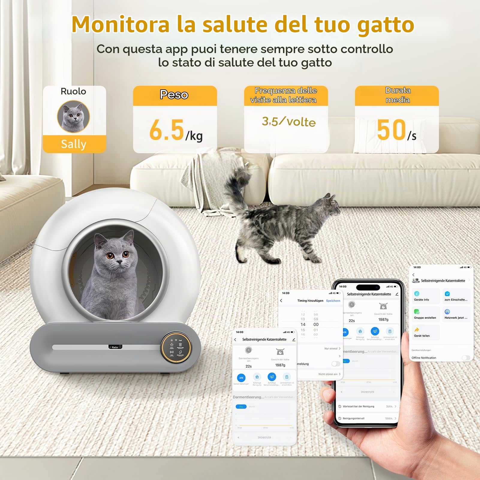 Lettiera Gatto Autopulente, 68L Lettiera Autopulente per Gatti, Controllo App,Allarme Sicuro, Antiodore Deodorante Ionico Antipizzicamento per Più Gatti Lettiera Automatica