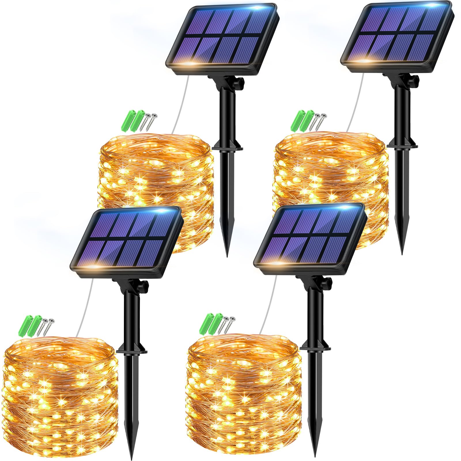 btfarm 4 Paquete Guirnaldas Luces Exterior Solar, 8+2M 80LED Luces Solares LED Exterior Jardin Luces Navidad Exterior Solares Luz Solar Exterior Jardin Cadena para Navideñas Decoracion Arbol, Cálido