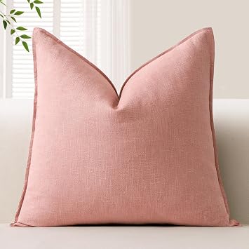 OTOSTAR Decorative Linen Throw Pillow Cover Soft Accent Farmhouse Pillowcase Boho Solid Cushion Cover Modern Home Decor for Sofa Couch Bed Living Room, 16x16 Inch, Pink