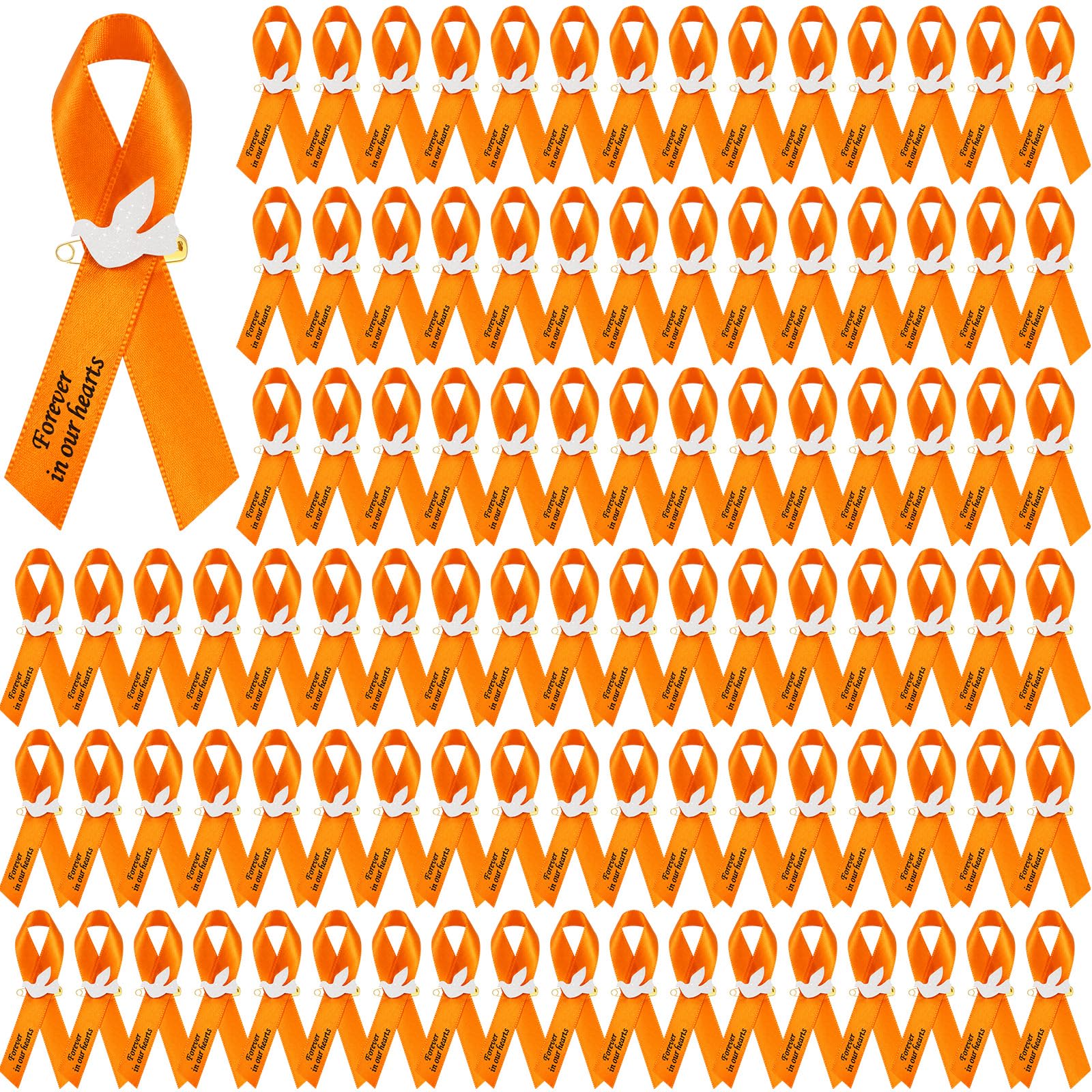 100 Pcs Orange Funeral Ribbon Pins, Memorial Ribbons for Funeral with Dove