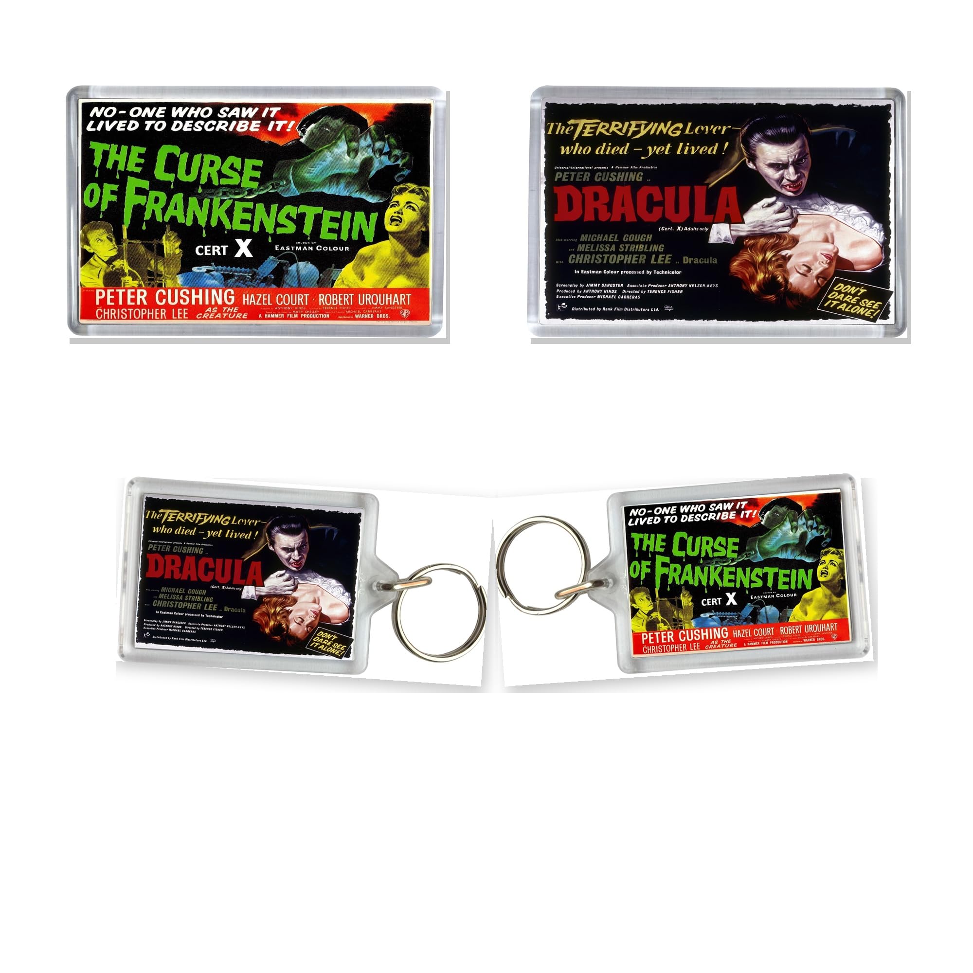 Hammer Horror Dracula and Frankenstein Classic Movie Fan Set X2 Magnets and Keyring