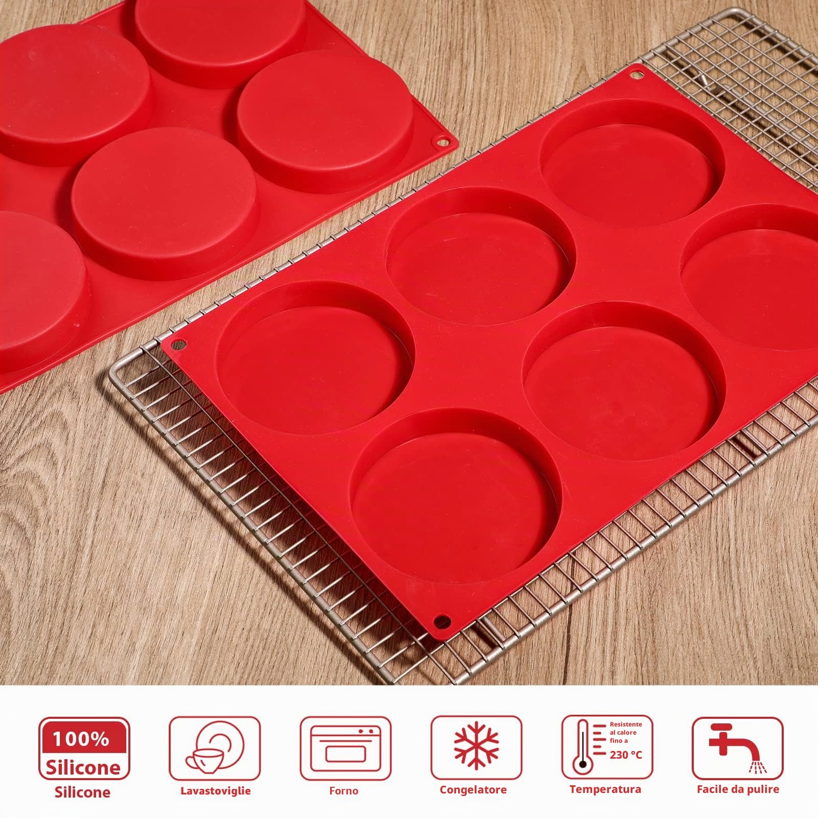 webake Brioche - Stampo in silicone per panini e hamburger, 2 pezzi, 6 cavità, 10 cm, grande stampo in resina, 33 x 22,2 x 2 cm