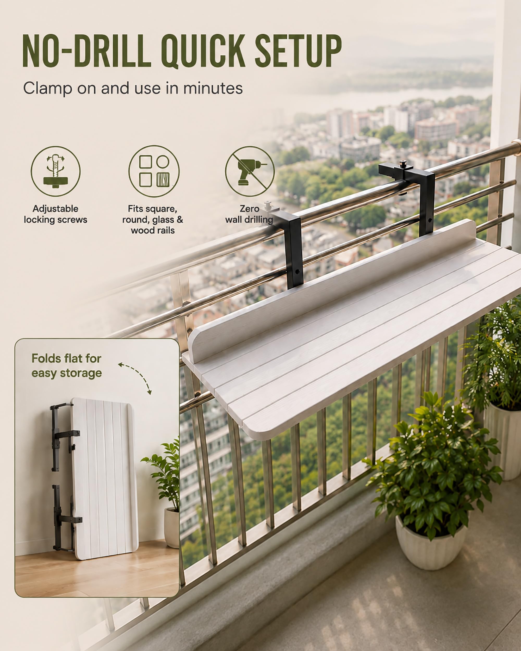Mesa Colgante para Balcón Plegable - Barra Bar de Terraza Exterior Sin Taladrar, Altura Ajustable con Borde de Seguridad, Madera Plástica,Blanca,80 * 25cm