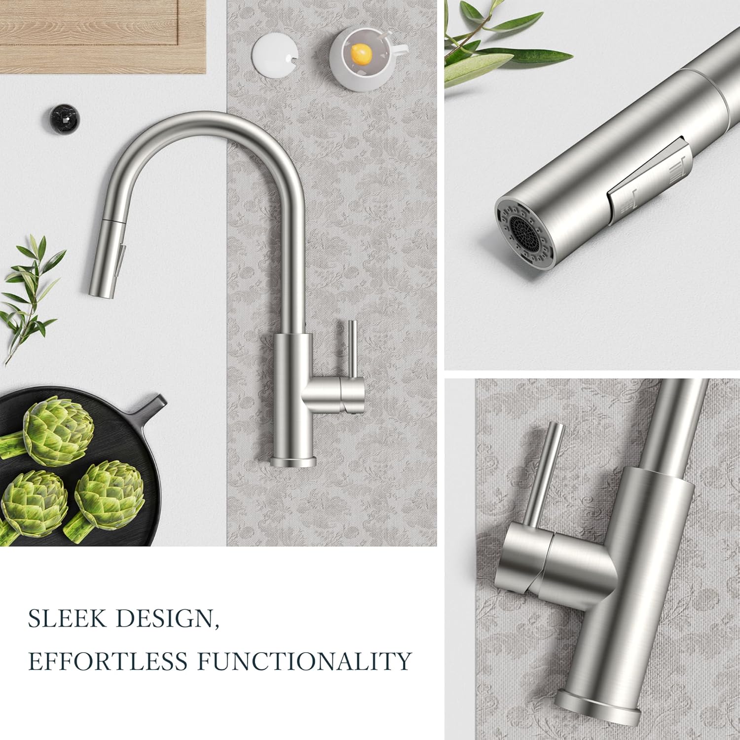 FORIOUS Kitchen Faucets with Pull Down Sprayer, Brushed Nickel Classic Single Handle Stainless Steel High Arc Faucet for Kitchen Sink, 1 Hole with Deck Plate Sink Faucet for Bar RV Farmhouse Laundry