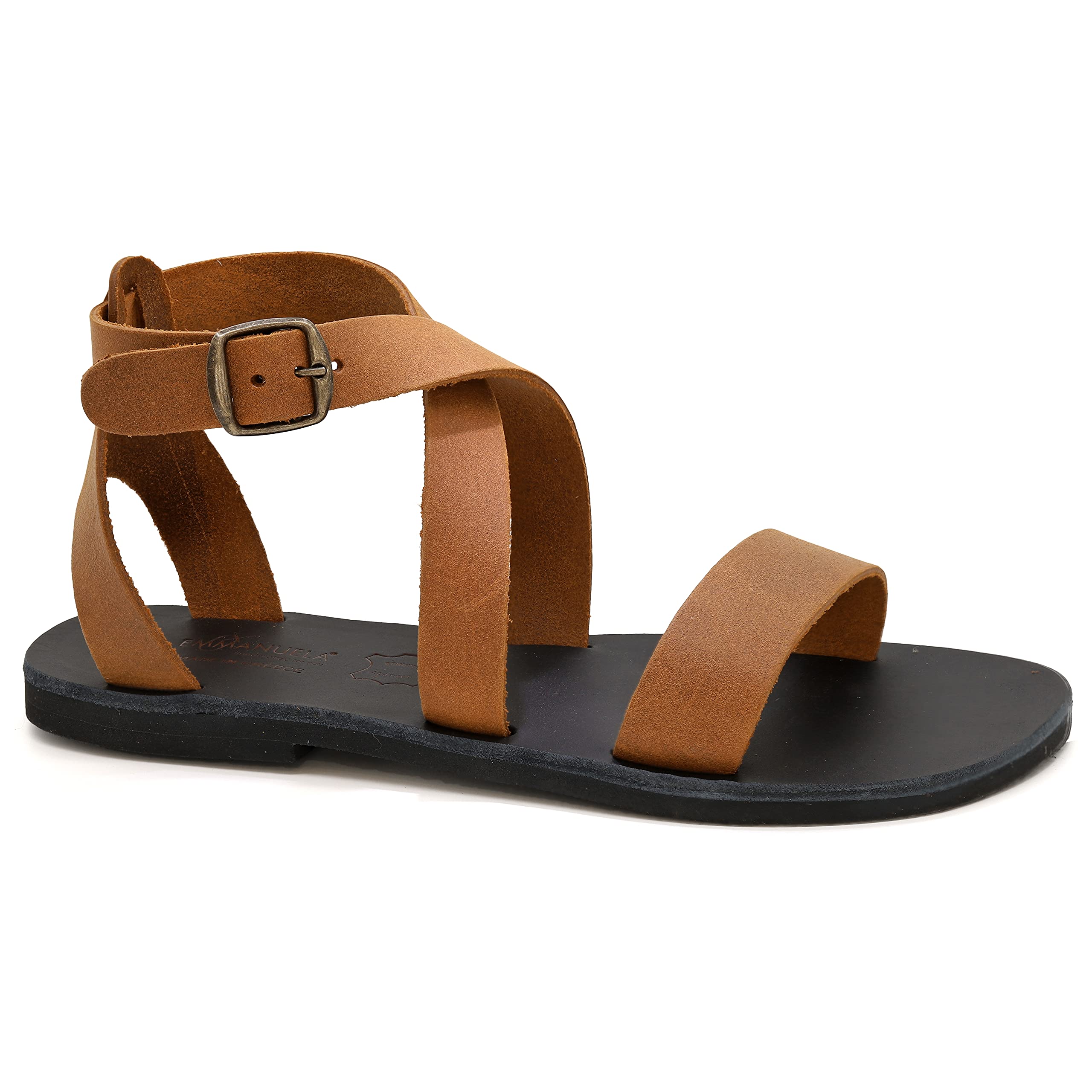 Emmanuela Sandalias planas de cuero griegas hechas a mano, sandalias de calidad con correa al tobillo con hebilla ajustable, sandalias de verano con puntera abierta, sandalias boho chic