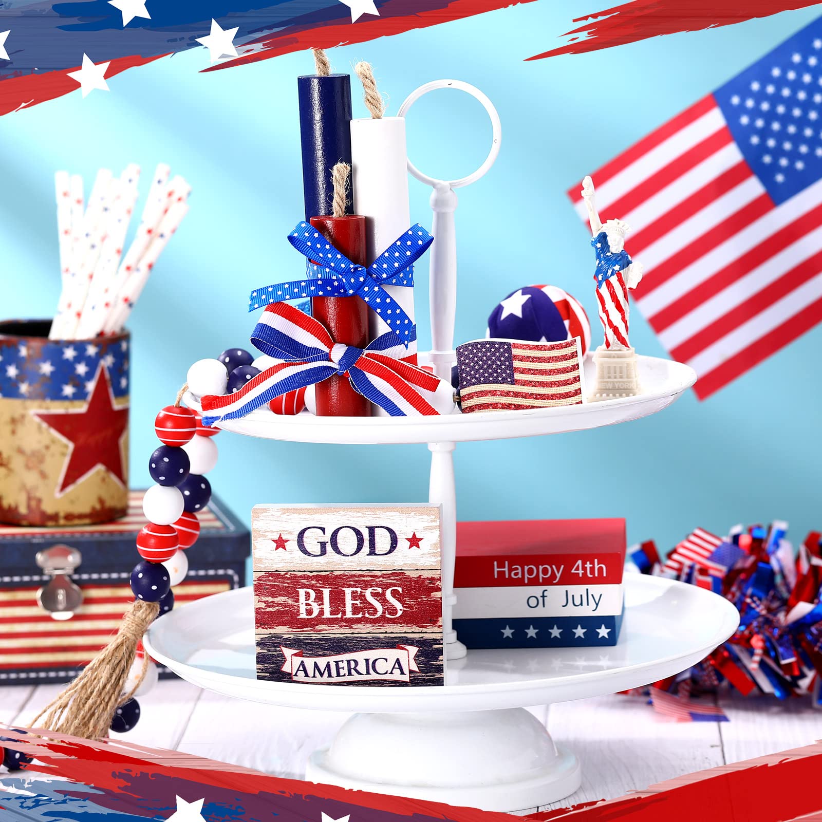 Amyhill 5 Pcs 4th of July Table Decorations Patriotic Table Centerpieces Rustic Independence Day Wood Firework Signs Tiered Tray Decor Rustic God Bless America Decor (American Flag)
