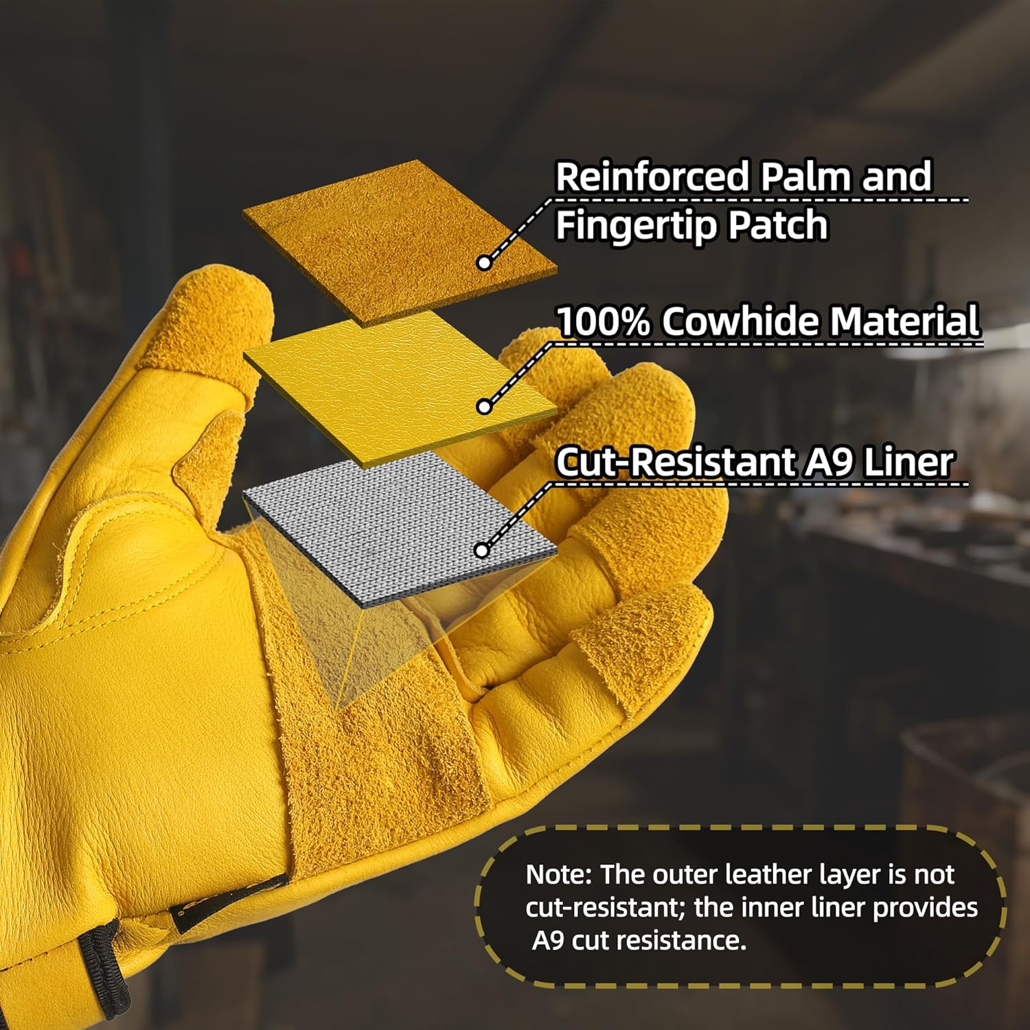 Schwer ANSI A9 Cut Resistant Leather Work Gloves, PM3401 Cut Proof Gloves, Reinforced Fingertips & Palm Cowhide Work Gloves for Construction, Metalwork, Woodworking & Outdoor Gardening Work, L - Image 2