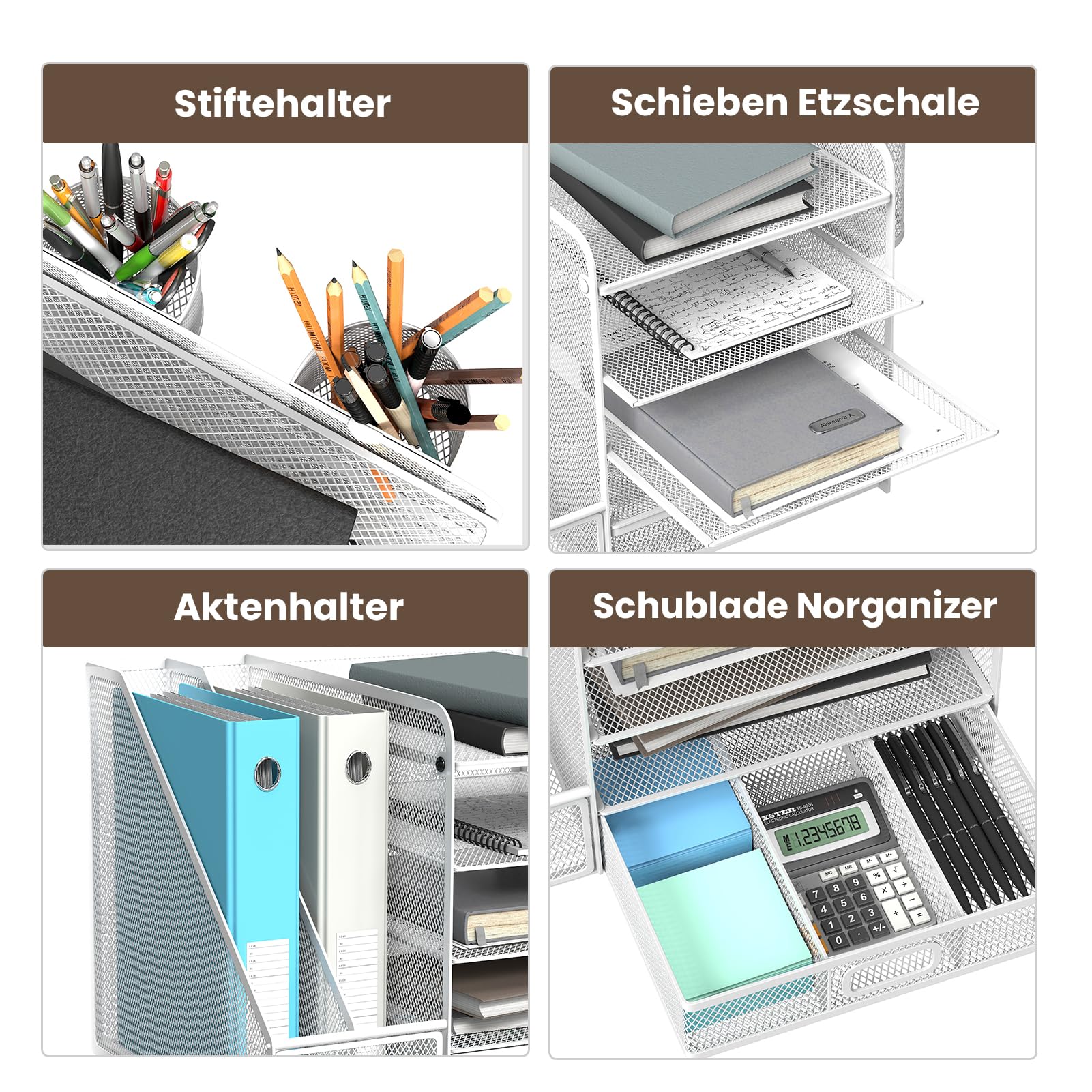 Youyijia 5-stufiger Mesh-Schreibtischorganizer mit Schublade - Aufbewahrungslösung für Büro- & Kunstbedarf, Dokumente, Stifte, Zeichenpapier & Zeitschriften, platzsparend (weiß)