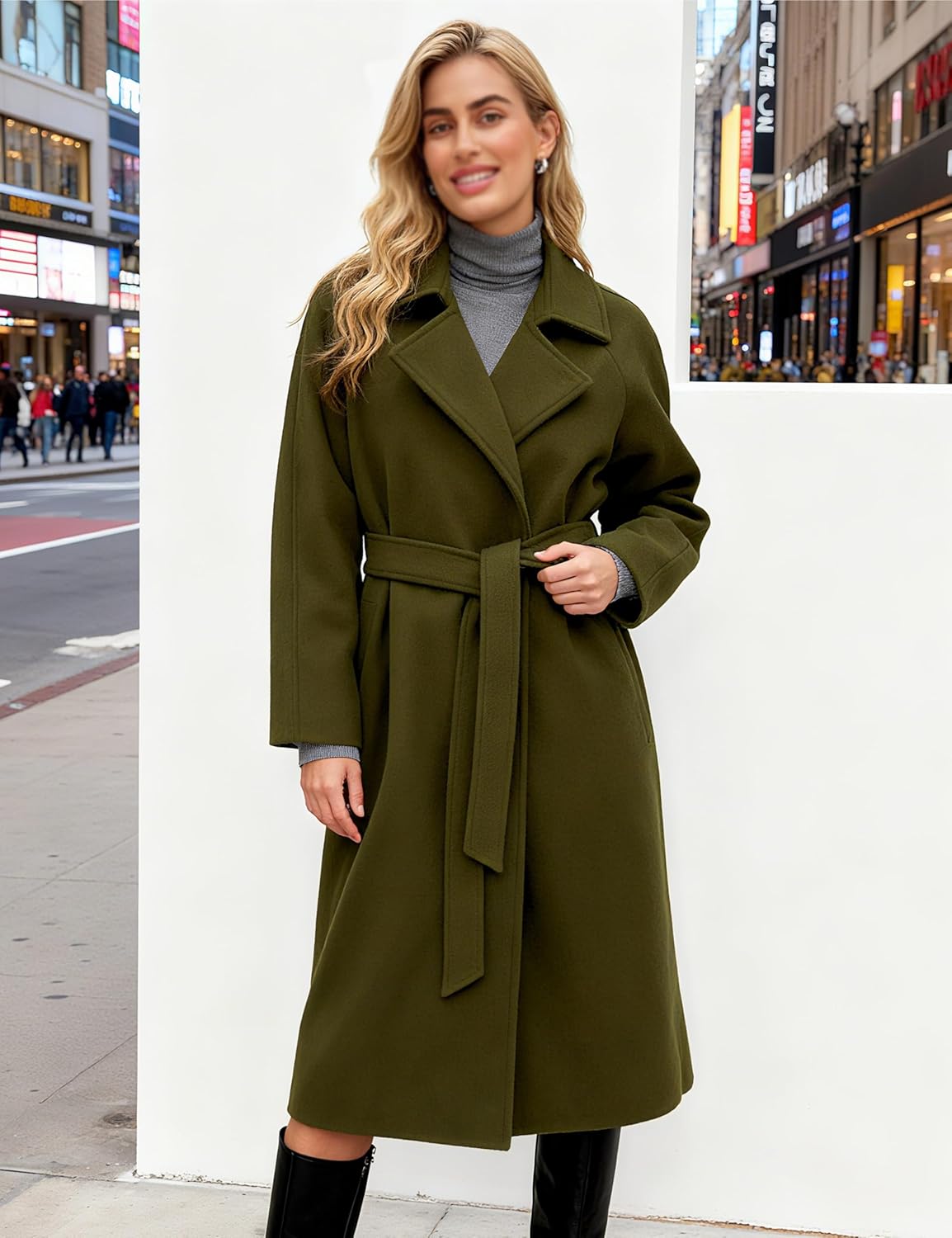 Belted Coat for Women Winter Classic Loose Open Front Notch Lapel Trench Peacoat Long Outwear with Pockets - Image 5