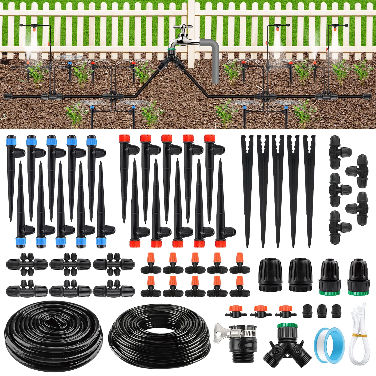 207 Feet Automatic Drip Irrigation Kit, Kalolary 1/4" 1/2" Adjustable Garden Watering System with 4/7mm 16mm Tube Drip Emitters Locked Fittings Drip Irrigation Parts System for Greenhouse Lawn Yard