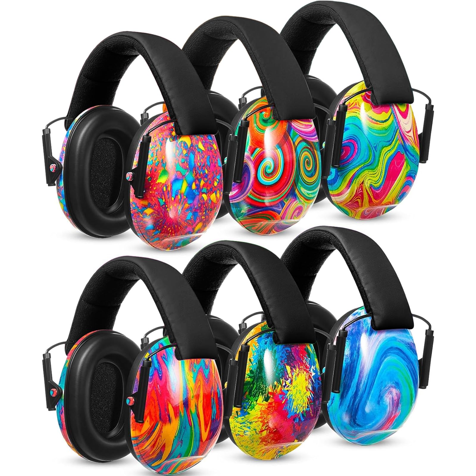 Amylove Kinder-Ohrenschützer, Geräuschunterdrückung, verstellbare Ohrenschützer (helle Farben, Batikfärbung), 6 Stück, Leuchtende Farben, Tie Dye