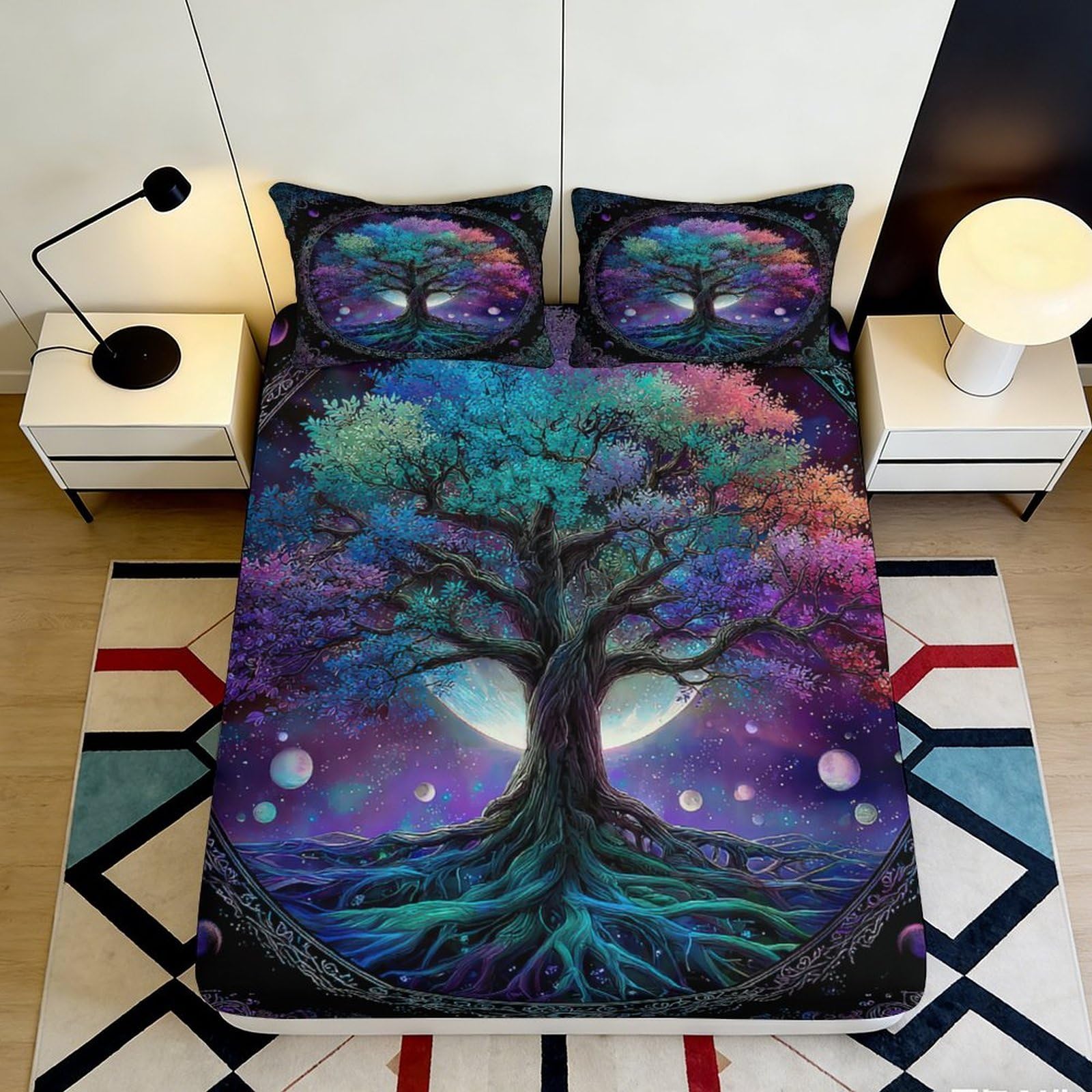 Pnayamiorkfel Style-1 3D Printed Colorful Tree Of Life Fitted Sheet Microfiber Soft Artistic Cosmic Fantasy Mattress Cover Bedroom Decor 90X200x25cm