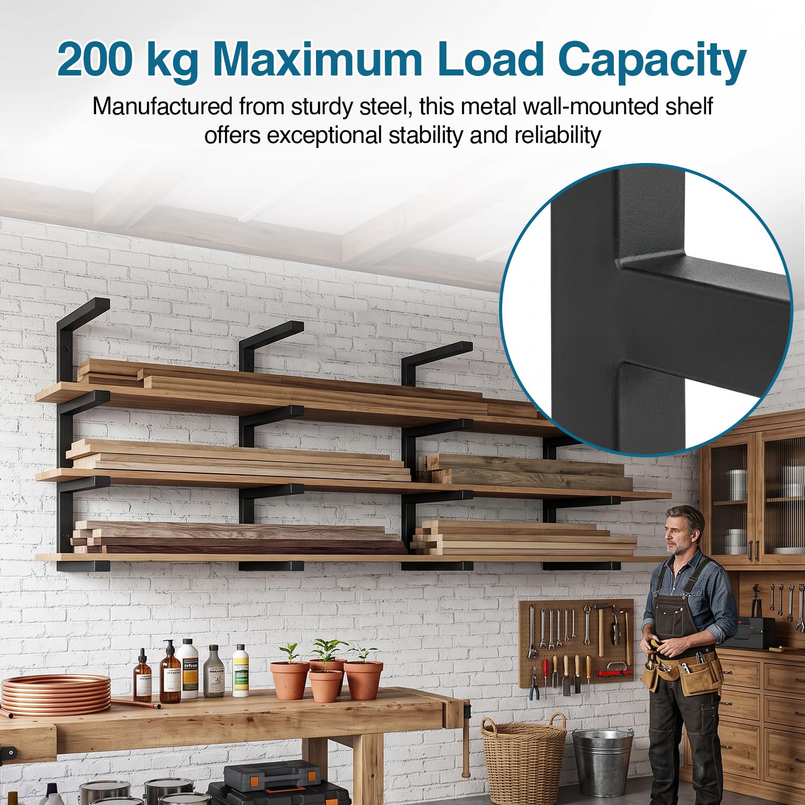 4 Ebenen Holzlagerungs-Metallregal,4 Pack Kragarmregal, Hält bis zu 200kg | Platzsparendes, Hochbelastbares Metall, Wandhalterung Regal für Leiter Fahrrädern Holzlager, 38 × 62 cm