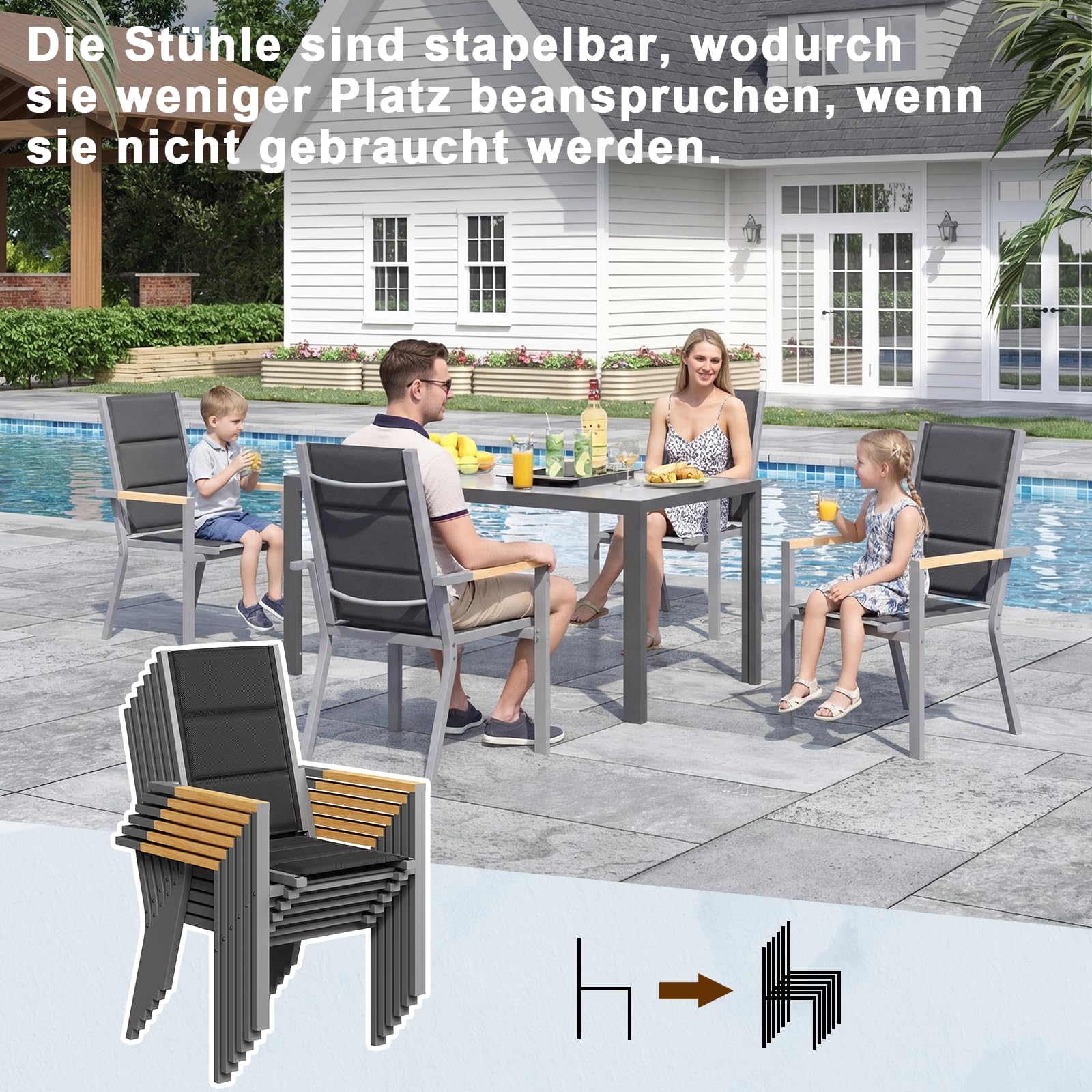 JUMMICO Set di Arredo da Giardino 4 Persone, Set di Tavolo 150 cm Design a Vena di Legno e 4 Sedie Impilabili da Esterno in Alluminio, Ideale per Cortile, Terrazza o Ai Margini della Piscina(Grigio)