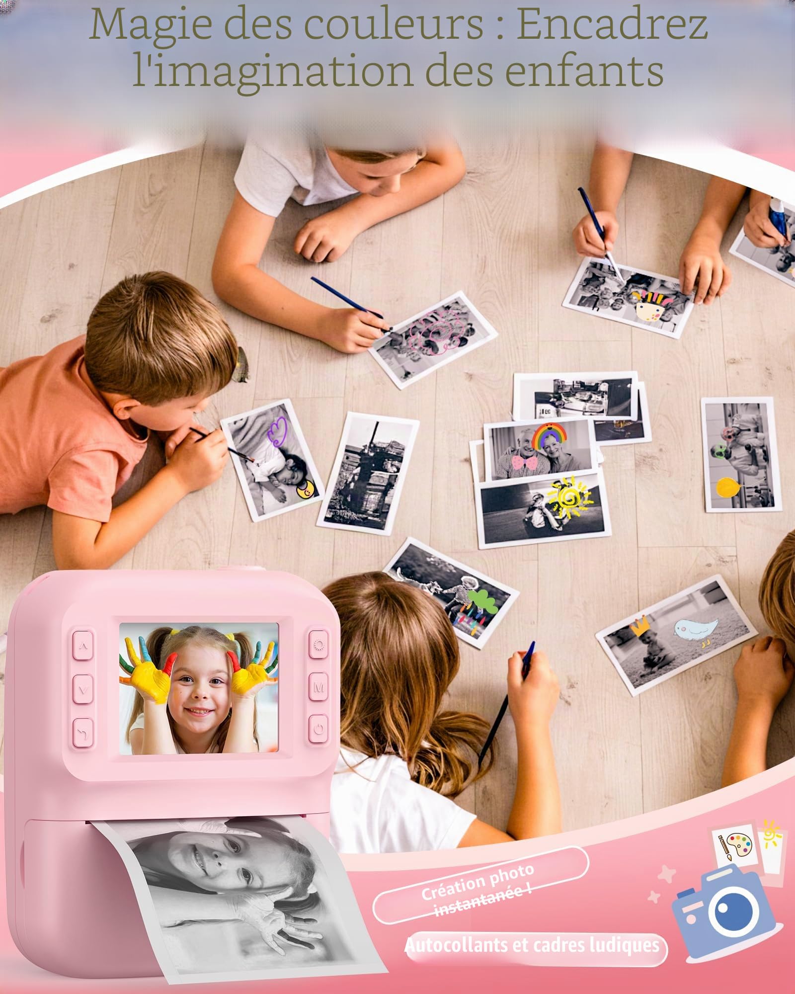 Appareil Photo Instantané Enfants, 48MP 1080P HD Appareil Photo Numérique Enfant avec Carte 32GB et 3 Rouleaux de Papier d'impression, Cadeau pour Enfants pour Filles, Garçons 10 Ans (Rose)