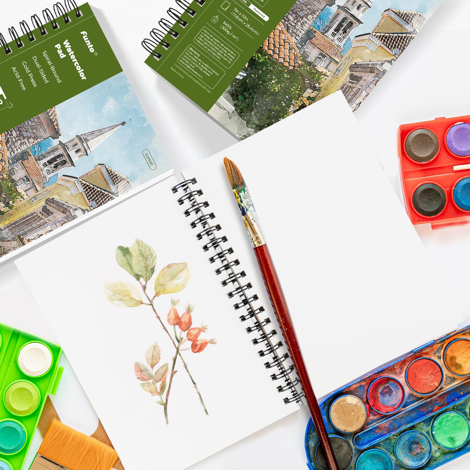 Funto Bloc De Papier Aquarelle 10x7"(25,4x17,78cm), Lot de 3, 90 feuilles, 140 lb/300 g/m², papier pressé à froid recto verso, reliure spirale, papier épais pour peinture à l'aquarelle
