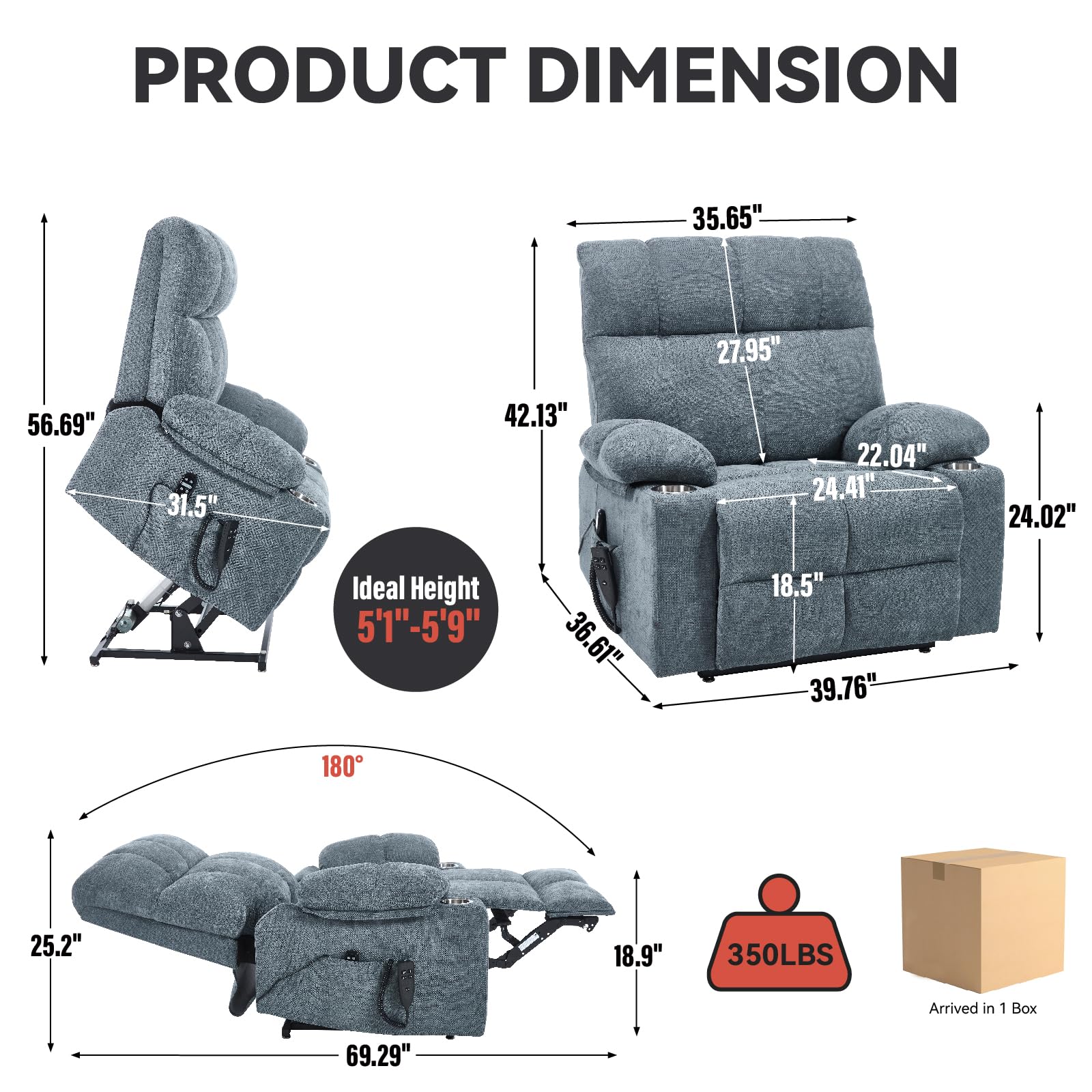 Grey Blue Dual Motor Infinite Position Up to 350 LBS Chenille Power Lift Recliner Chair, Heavy Duty Motion Mechanism with 8 Point Vibration Massage and Lumbar Heating, Dual Cup Holders