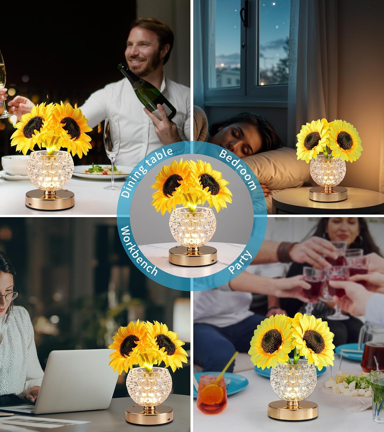 AIHYING Sunflower Lamp, Rechargeable Cordless Touch Lamp with 3-Color Dimming, Crystal Flower Night Light for Bedroom, Gift for Mom/Women, Mother's Day/Birthday