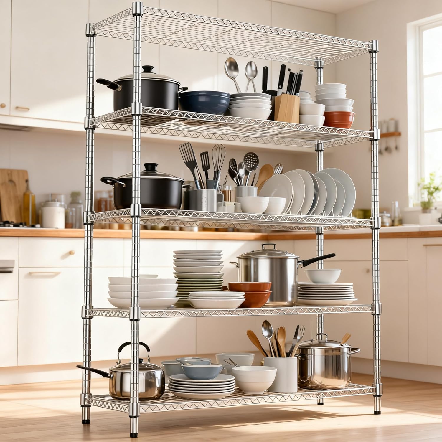 1750LBS 47.2" W 5 Tiers Shelf Steel Storage Shelves Metal Shelving Unit Steel Organizer Wire Rack for Home,Kitchen,Office,Garage Chrome 17.7" D x 47.2" W x 72.4" H