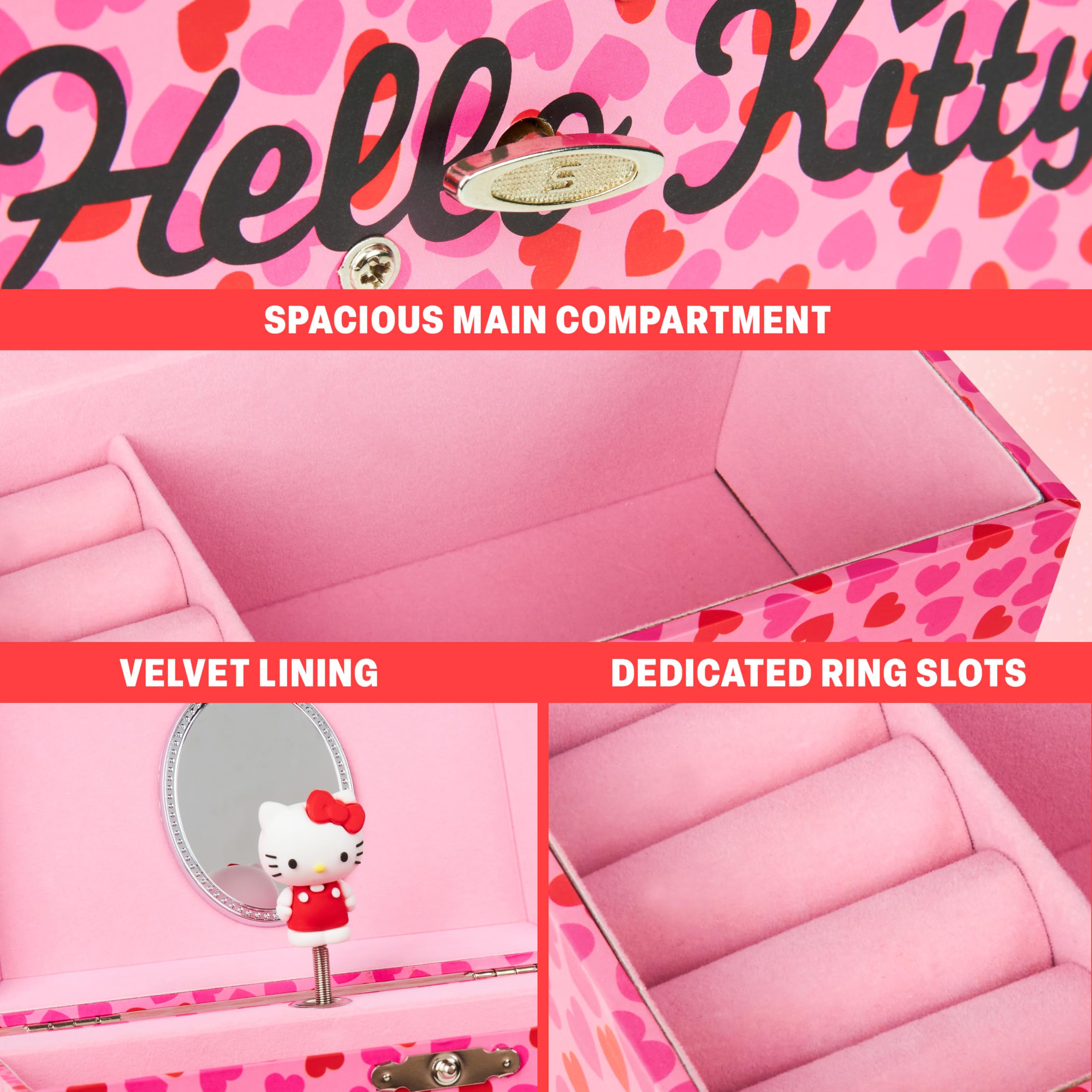 Hello Kitty Sanrio Musical Jewellery Box Girls Gift Ideas Tweens Kawaii Bedroom Decor Kuromi Wind Up Music Box Mirror Storage Drawers Anime Gifts for Her (Pink - Image 4