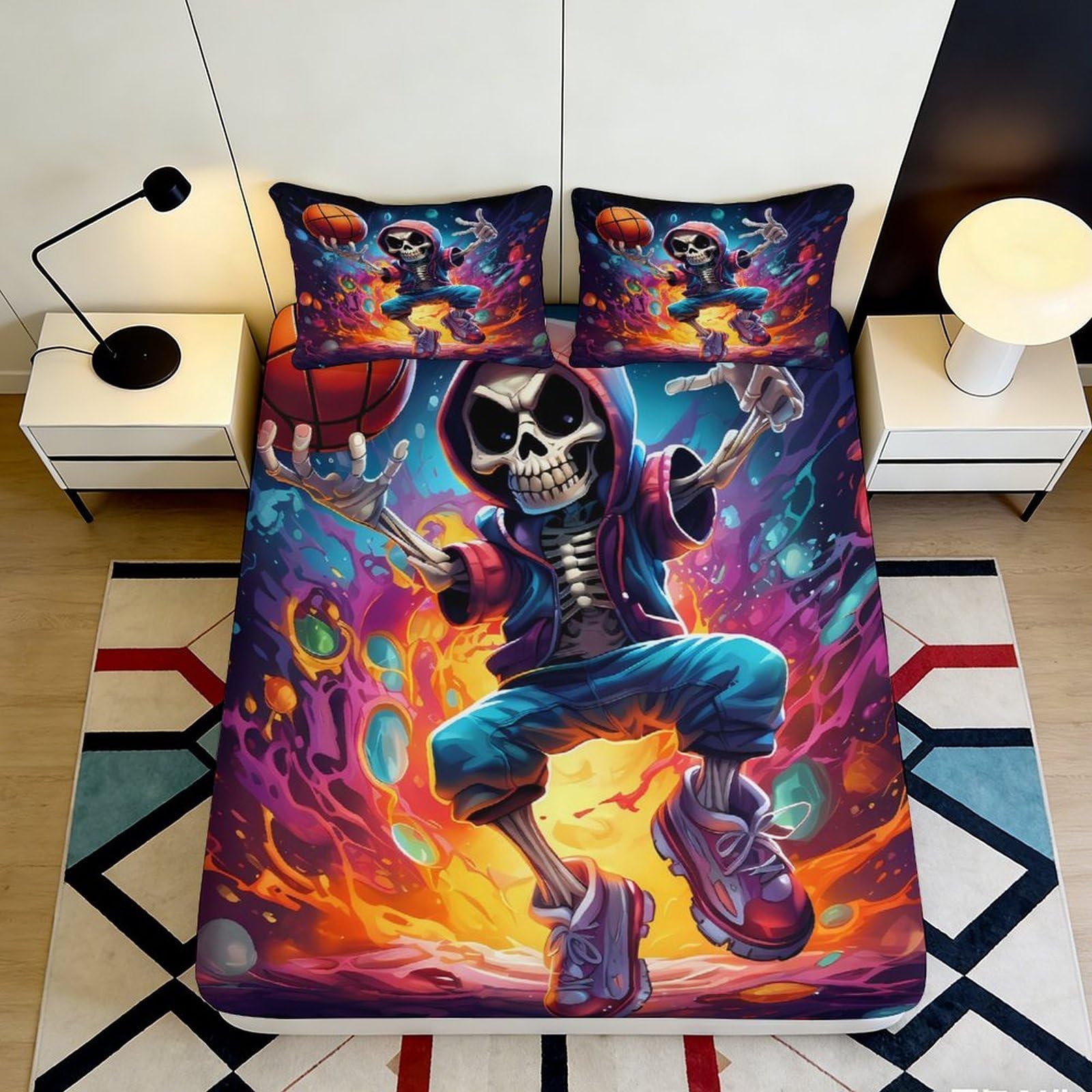 3D Printed Graffiti Skull Fitted Sheet Microfiber Deep Pocket Non-Slip Bedroom Bedding Graffiti Skull Mattress Fitted Cover Washable 180x200x25cm