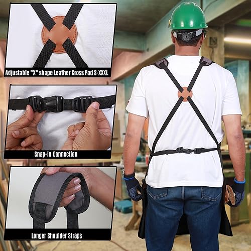 Vista 3 de Woodworking Apron for Men - 9 Reinforced Pockets Durable Canvas Padded Cross Straps - Woodworking Gifts for Men Gris