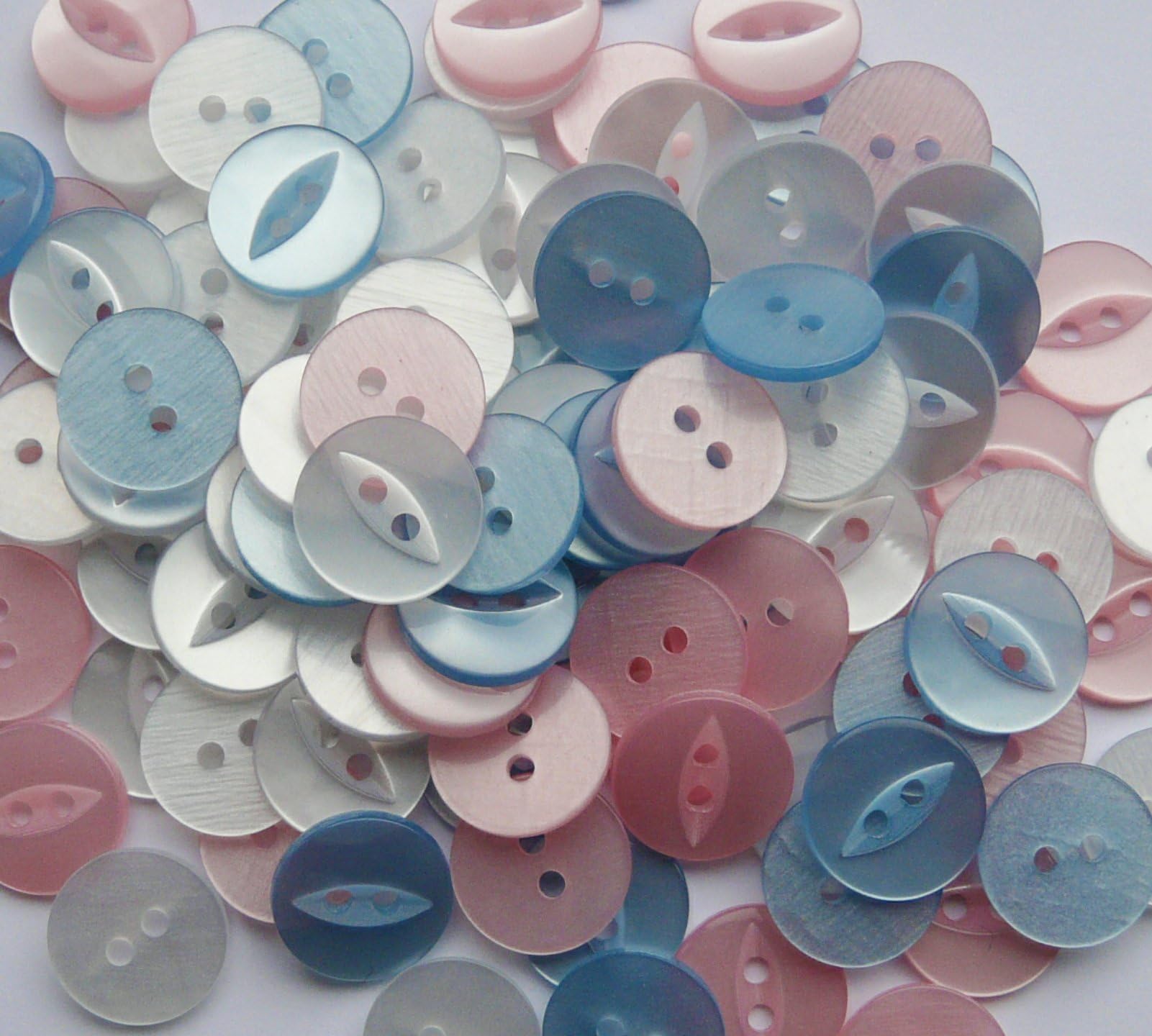 HolmeCraft NEW ASSORTED PACK OF 100 X FISHEYE BABY BUTTONS SIZE 18 (11mm) PINK WHITE BLUE
