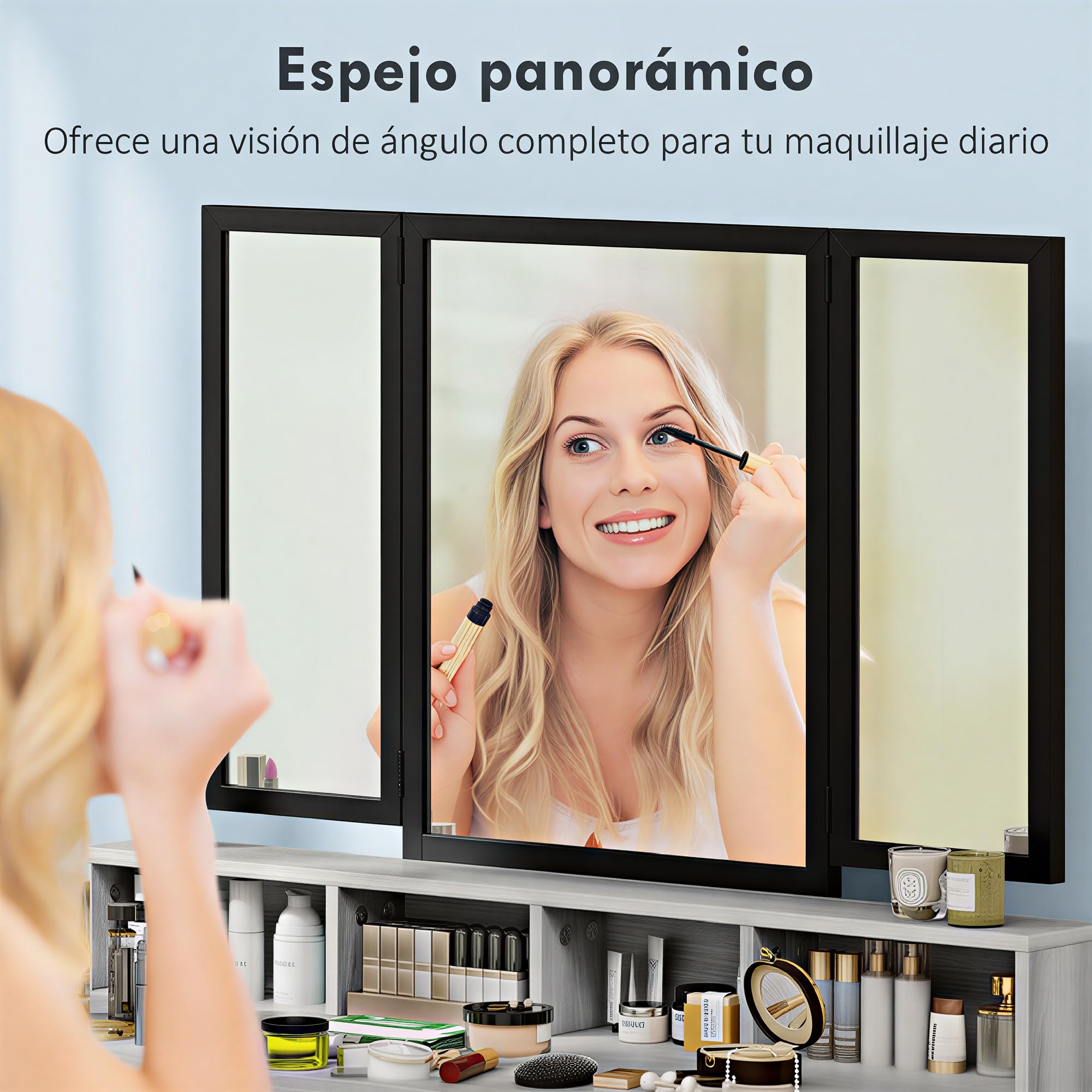 HOMCOM Tocador de Maquillaje con Espejo Tríptico Desmontable en Gris | Tocador con Taburete, 3 Cajones de Tela, Estantes, Soporte para Secador de Pelo, Cesta Metálica, Dormitorio, Vestidor