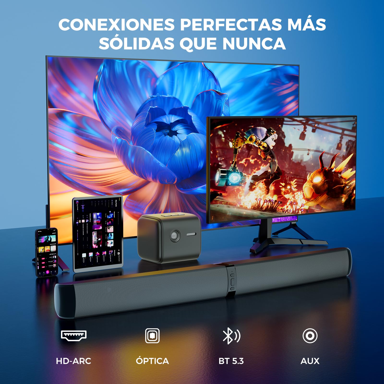 GarageRock Barra de Sonido TV, 2026 Upgrade 90W Soundbar, 2-en-1 Desmontable Barra Sonido, Bluetooth 5.3 Altavoz para TV con ARC/Opt/AUX Conexiones, Home Cinema para TV/PC/Proyectores/Regalo, 1 Pcs