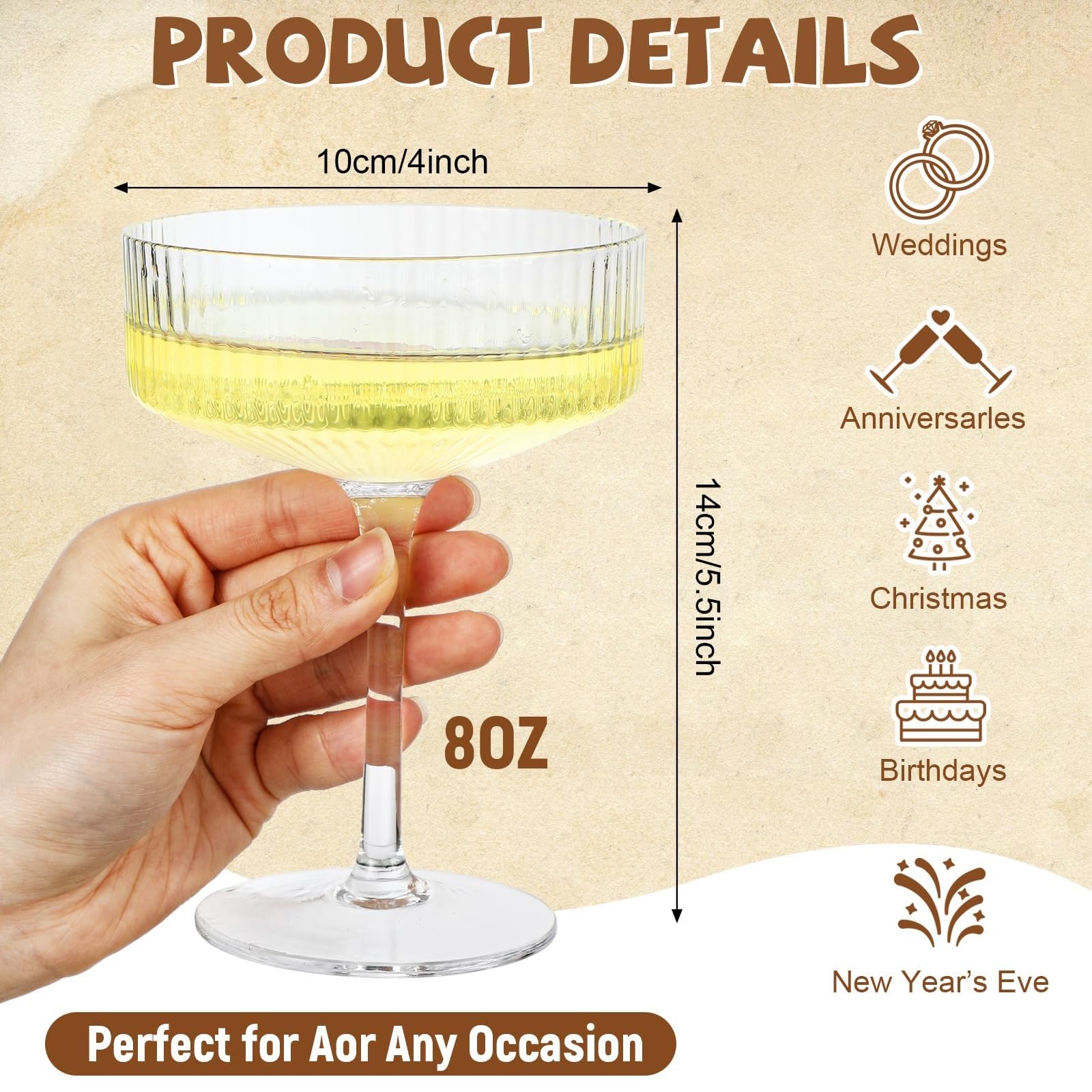Juego de 6 copas cupé acanaladas Champagne Tower de 8 oz, copas de Martini clásicas transparentes for bodas, fiestas de cumpleaños y bares Vaso para bebidas