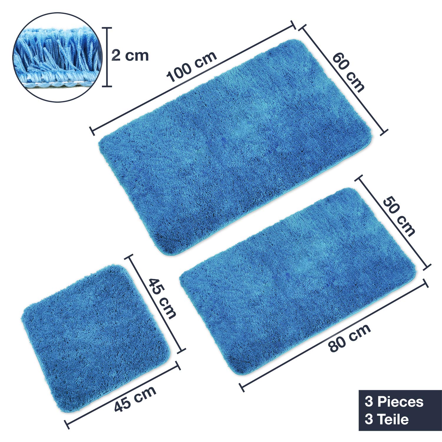 WohnDirect Alfombrilla de baño Conjunto - Alfombra baño Juego - Antideslizante - Lavable - Alfombra para el Cuarto de baño - Azul - 50 x 80 cm + 60 x 100 cm + 45 x 45 cm