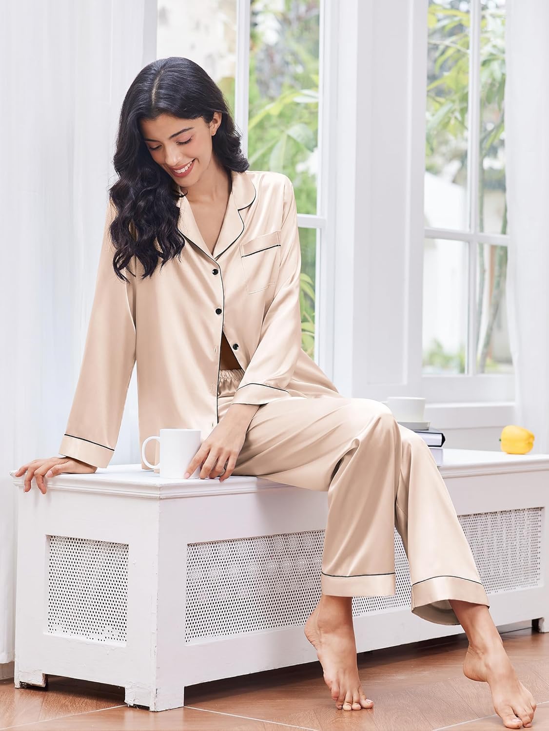 Ekouaer 2 Pack Satin Pajamas Set for Women Classic Button Down Silk Pjs Set Soft Sleepwear - Image 3