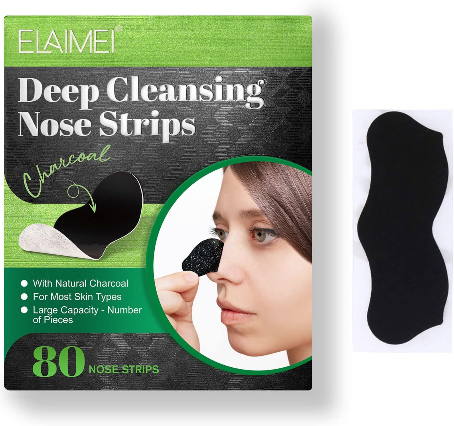 ELAIMEI Pore Strips, 80 Pcs, Natural Charcoal Blackhead Remover Strips for All Skin Types, Pore Deep Cleansing & Minimizing Nose Strips, Instant Unclogging
