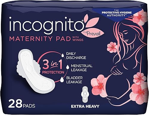Incognito by Prevail - Almohadilla protectora absorbente 3 en 1 para maternidad y posparto con alas para fugas menstruales y de vejiga, 28 unidades