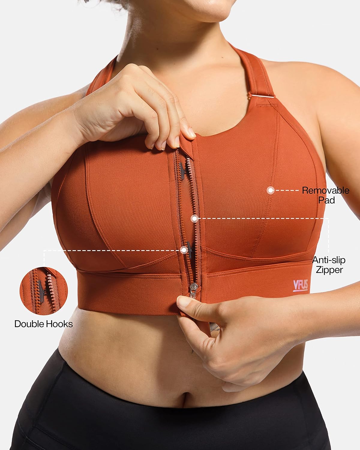 Zip Front Adjustable High Impact Sports Bras for Women Large Breasts Full Coverage Workout Running Removable Pads - Image 3