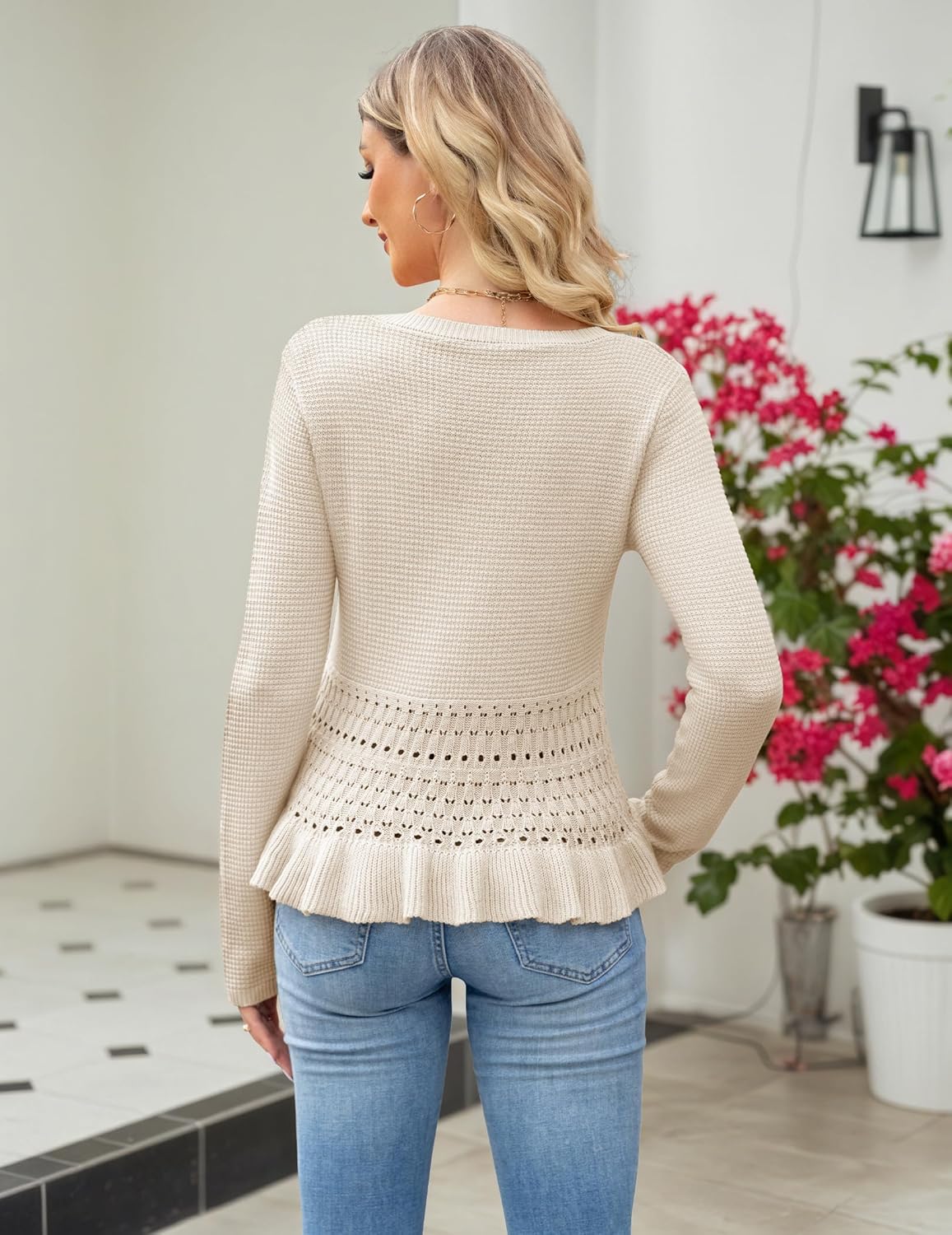 Womens Long Sleeve Cropped Crochet Sweaters Peplum Sweater Cute Crewneck Knit Pullover Tops Fall Outfits - Image 6