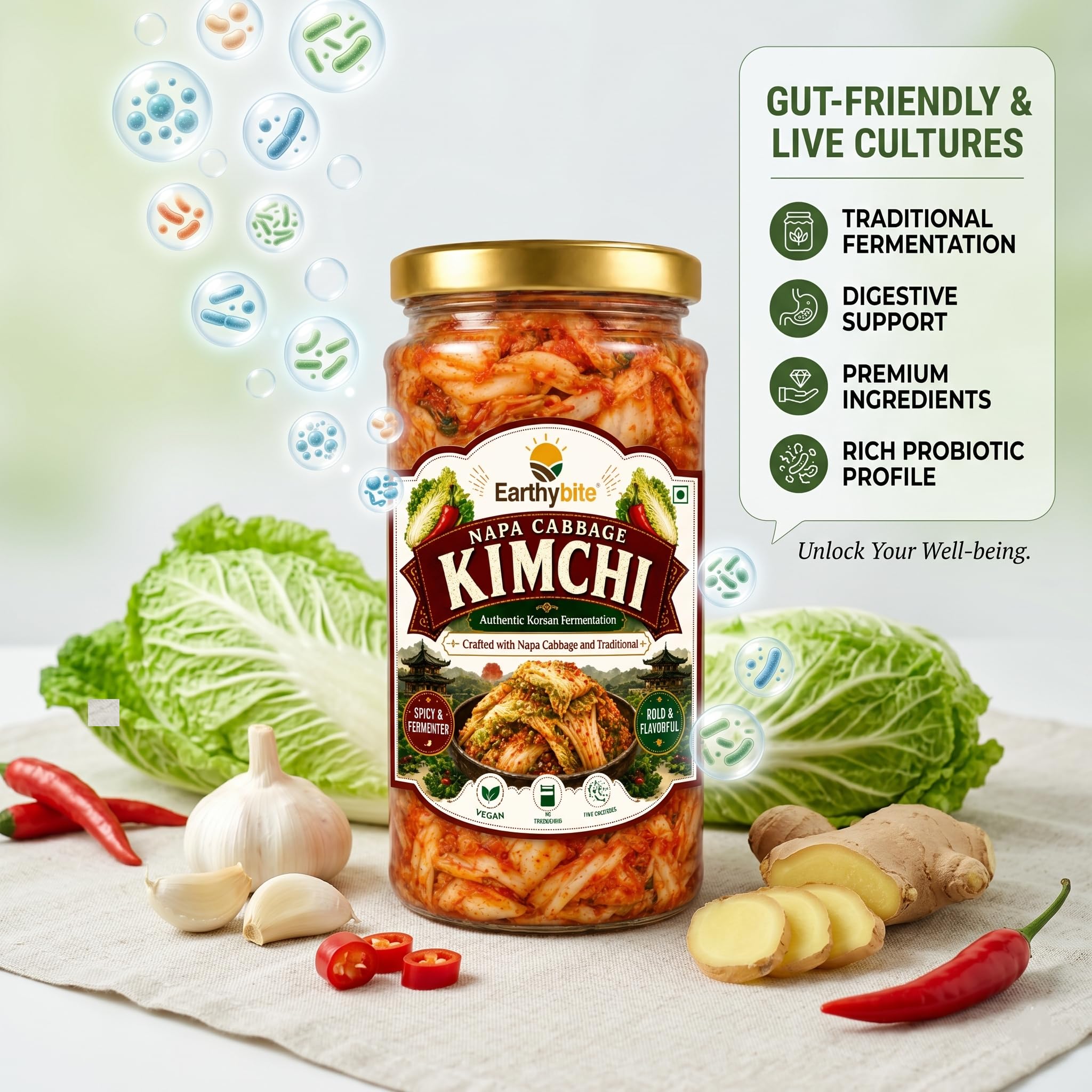Earthy Bite Authentic Napa Cabbage Kimchi 250g – Premium Korean Fermented Kimchee | Probiotic-Rich Gut Health Support | Gluten-Free, Plant-Based Spicy Pickled Cabbage Side Dish | Ready-to-Eat 1